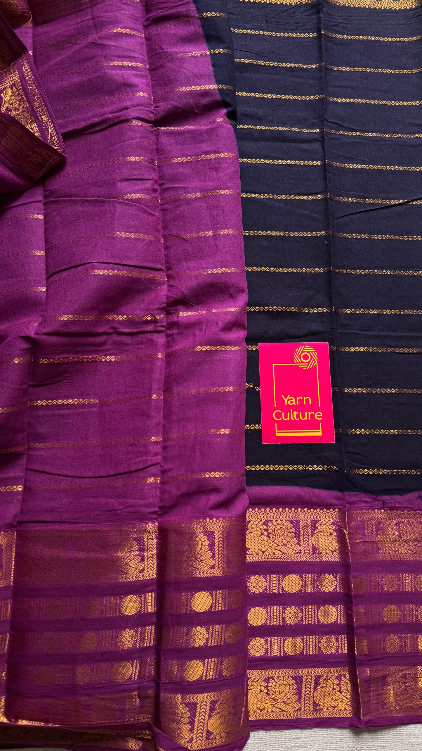 Dark blue with purple pink (vadamalli), peacock rudraksham motif, single side broad zari - madurai kattuchayam dyed - YCCOTNAURS18