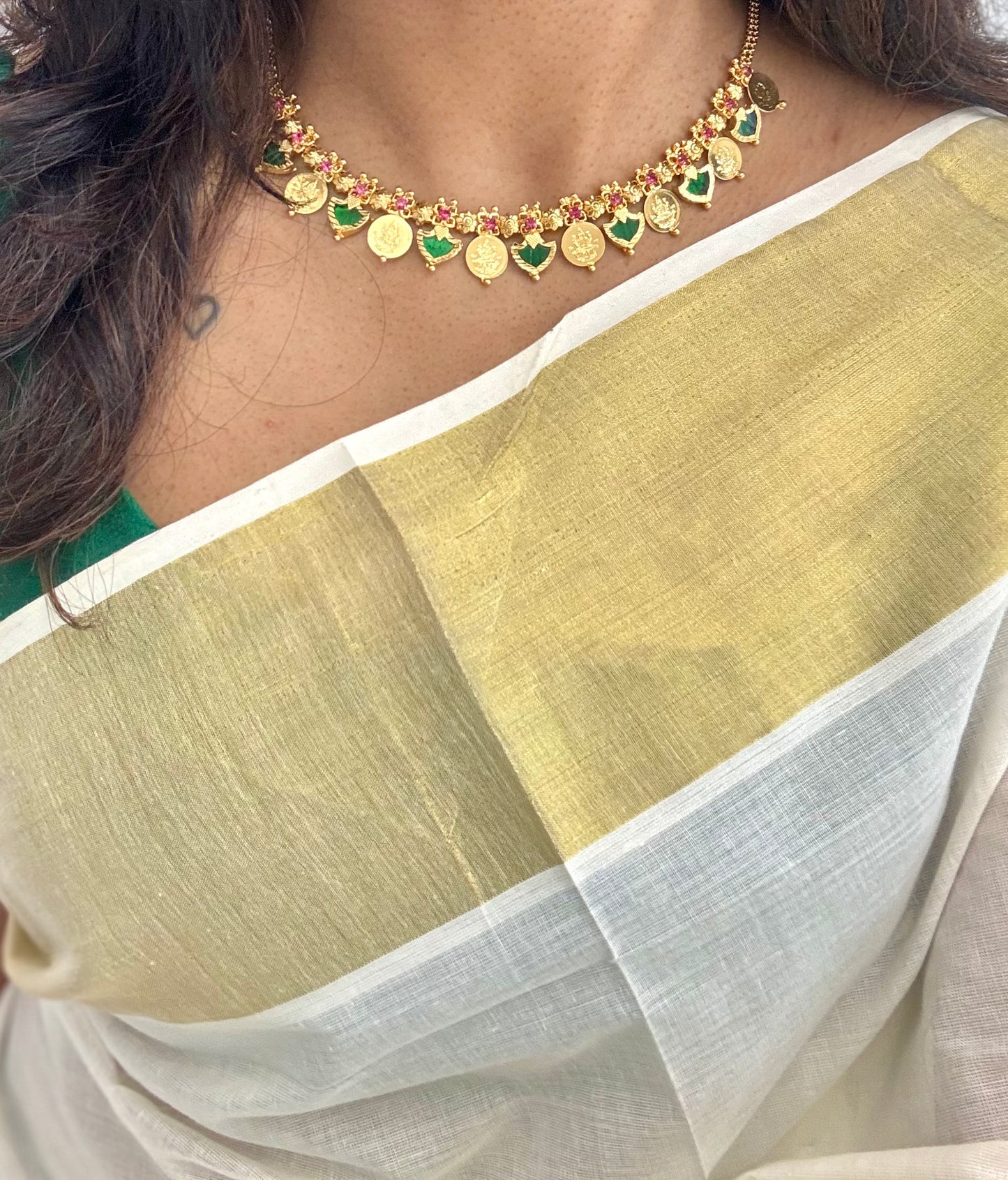 Coin and green palakka necklace in gold finish - YCAGC10
