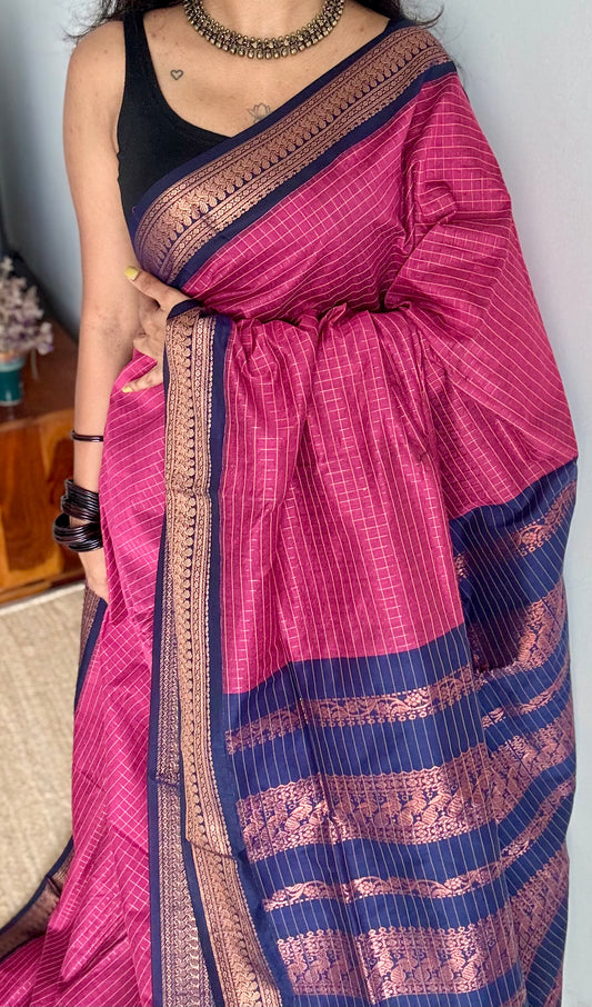 Dark pink with dark blue, checks - cotton silk - YCCOTNSEKCS12