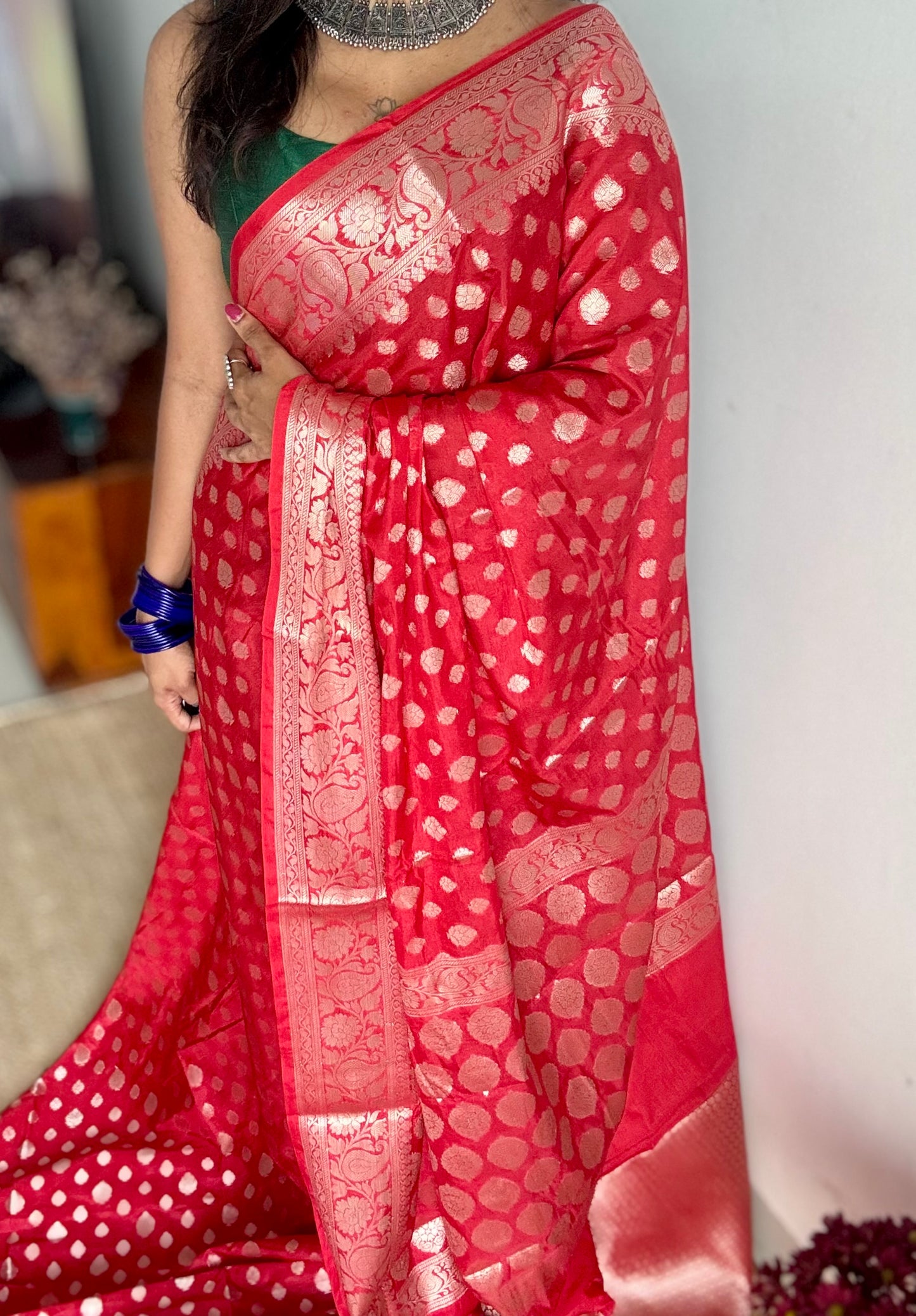 Chilli red, silver buttas and zari, Banarasi semi-silk - YCDESE37