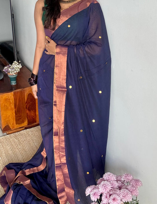 Dark blue mul with gini sequins and copper zari border - YCBCMCNO59
