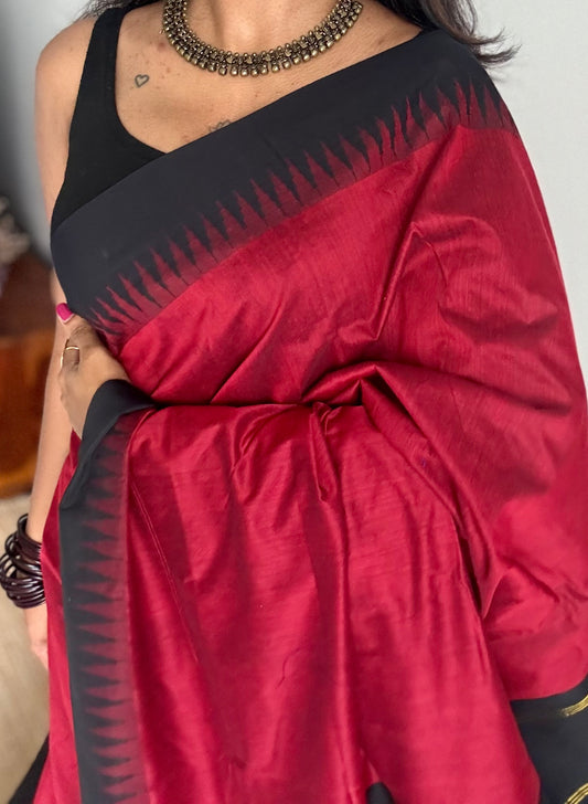 Red with black contrast, temple border saree, cotton silk - YCCOTNTBFE56