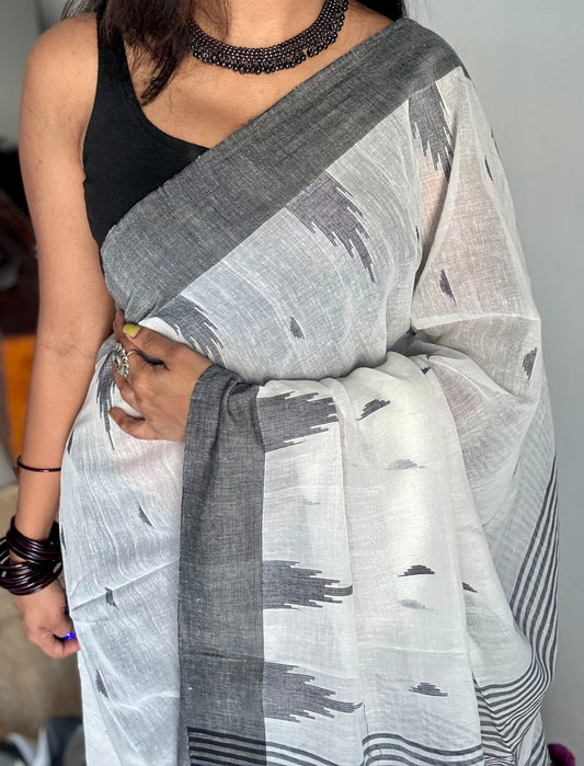 White with black border, temple motif woven threadwork, soft cotton - YCBCMKCDE32