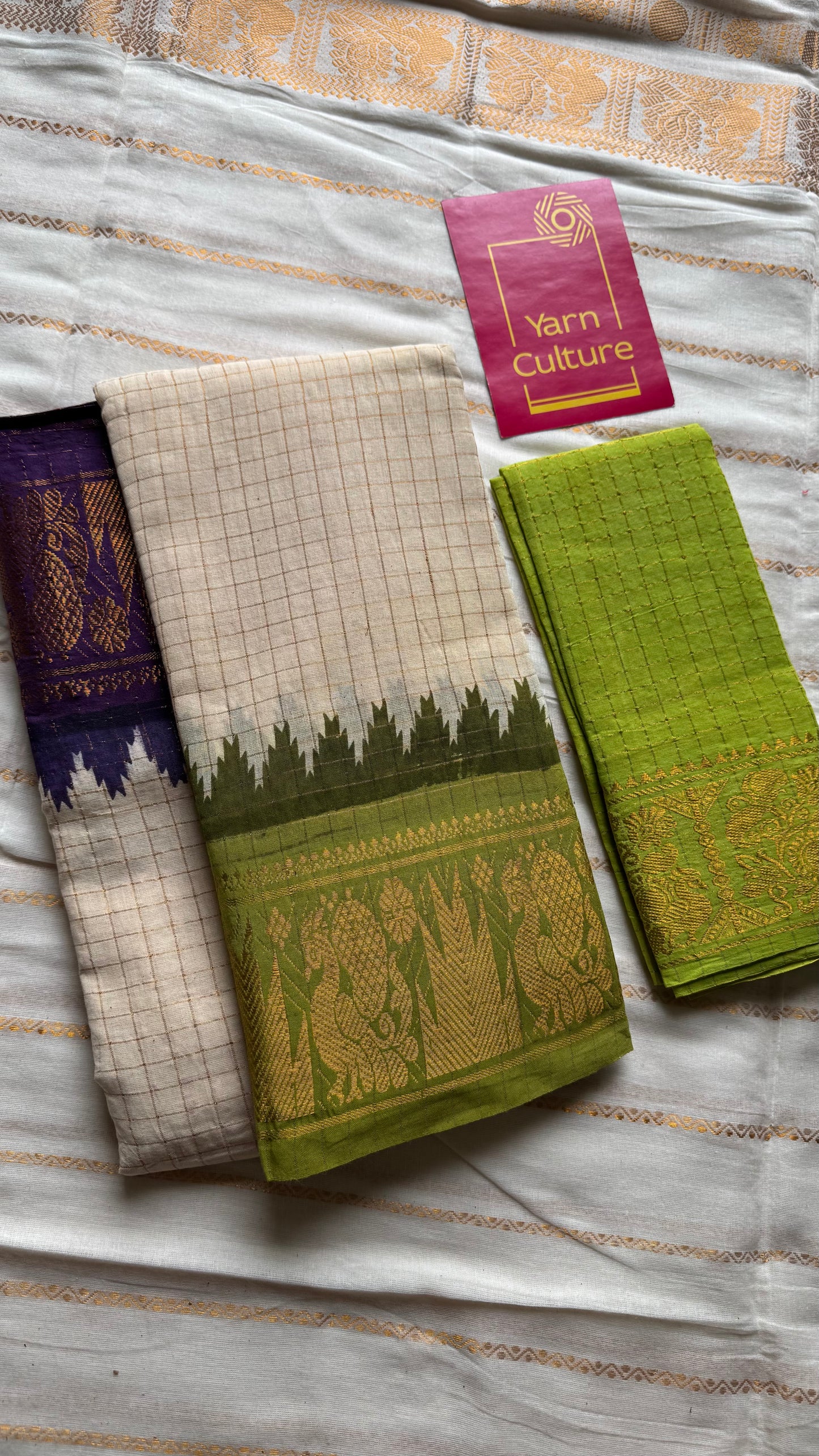 Sungudi cotton checks, ivory gold base, purple and lime green dual tone border, soft cotton - YCCOTNMSJUL08