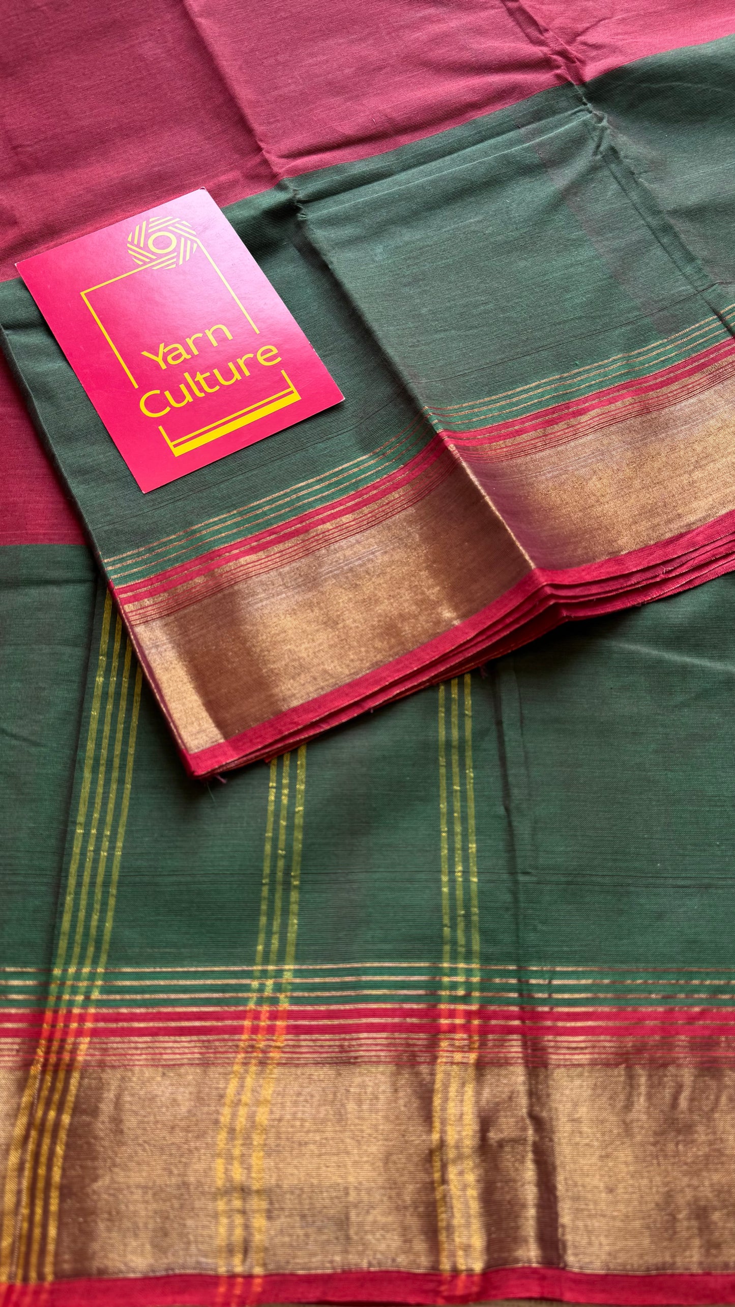 Maroon and green Chettinad cotton saree with antique gold zari border - YCCOTNCCFE152