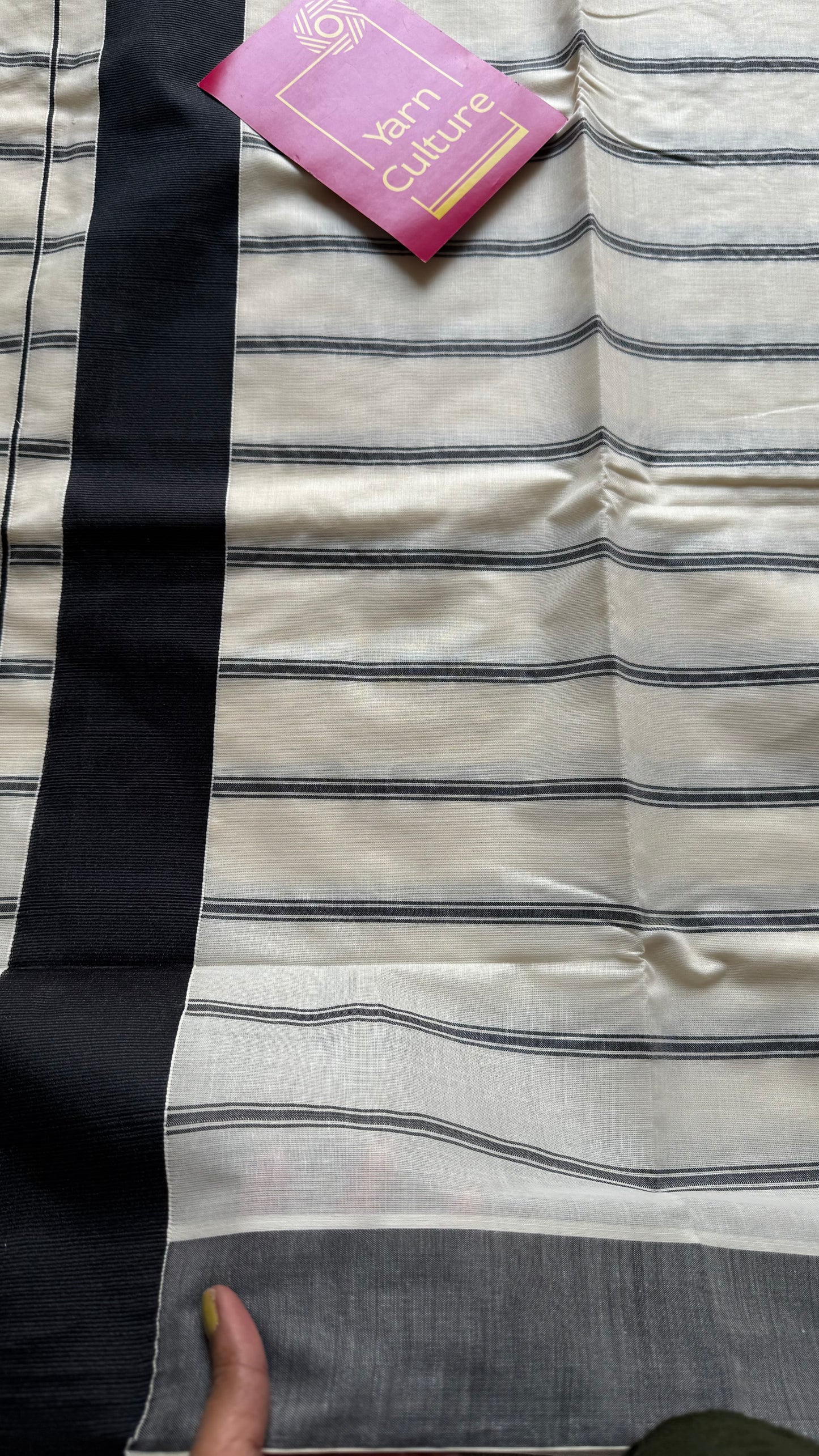 Ivory Kerala cotton saree with black stripes and border - YCIEKCFE321