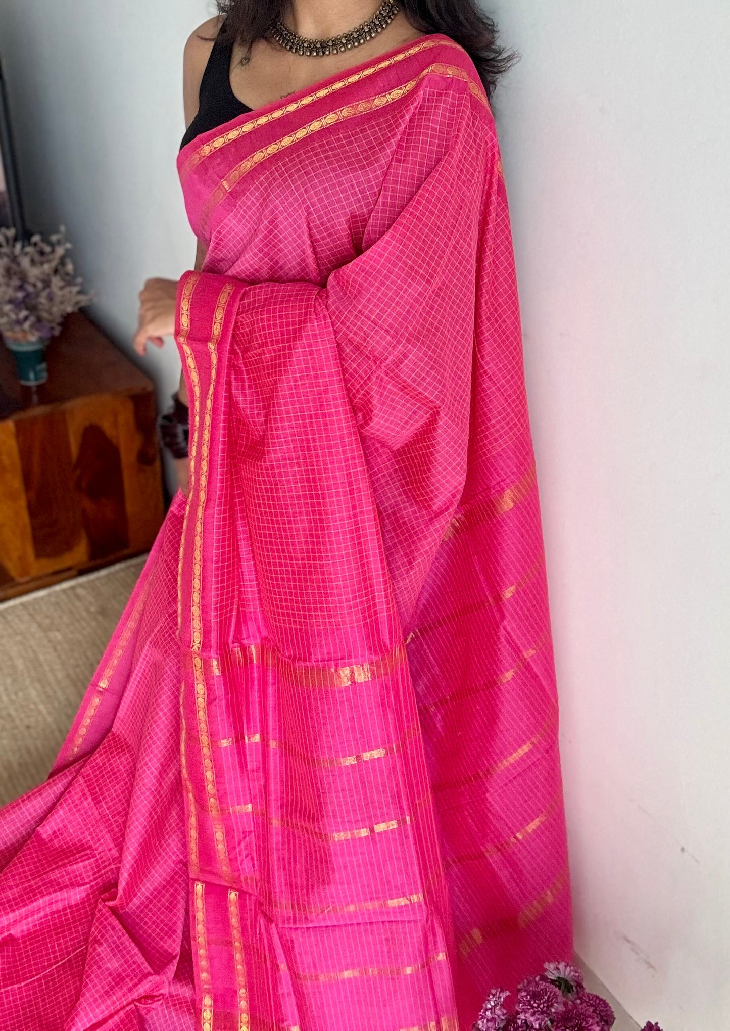 Hot pink, arani checks, cotton silk - YCCOTNJUAR07