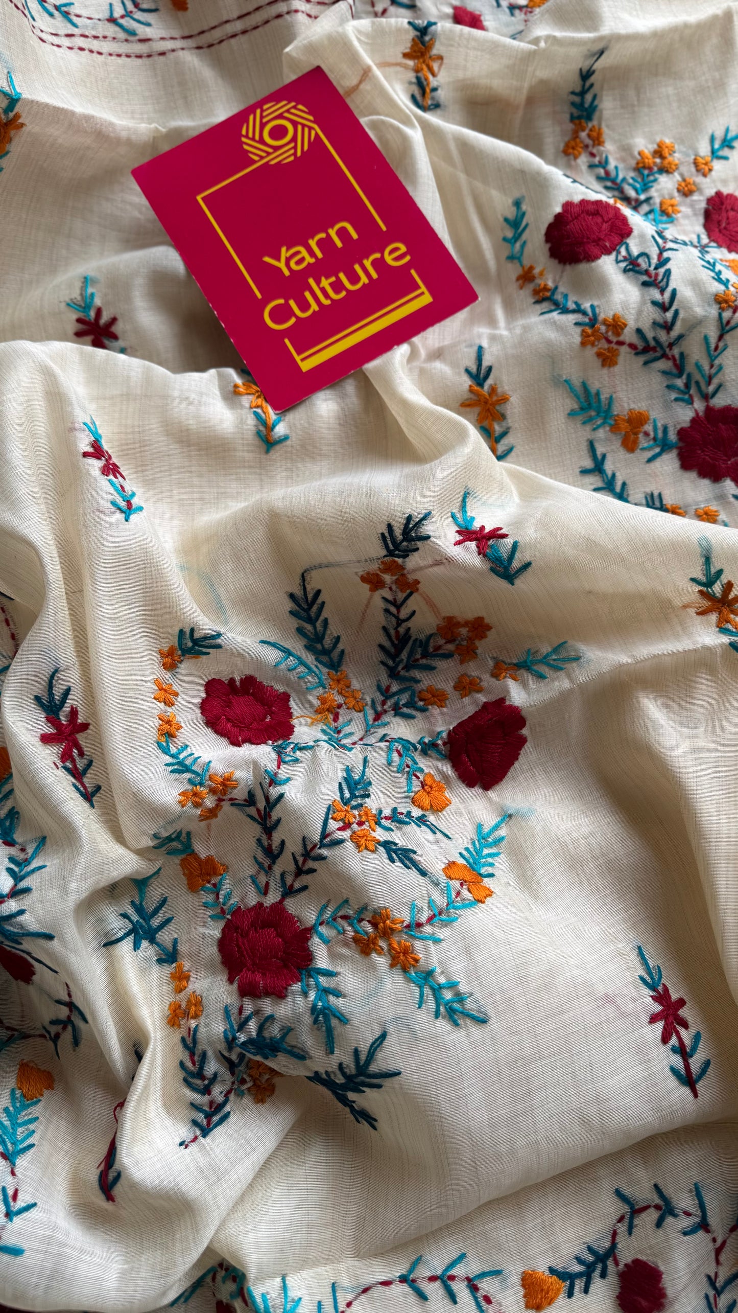 Ivory maheshwari cotton silk blend with red and blue floral kantha threadwork - YCBLJULMK03