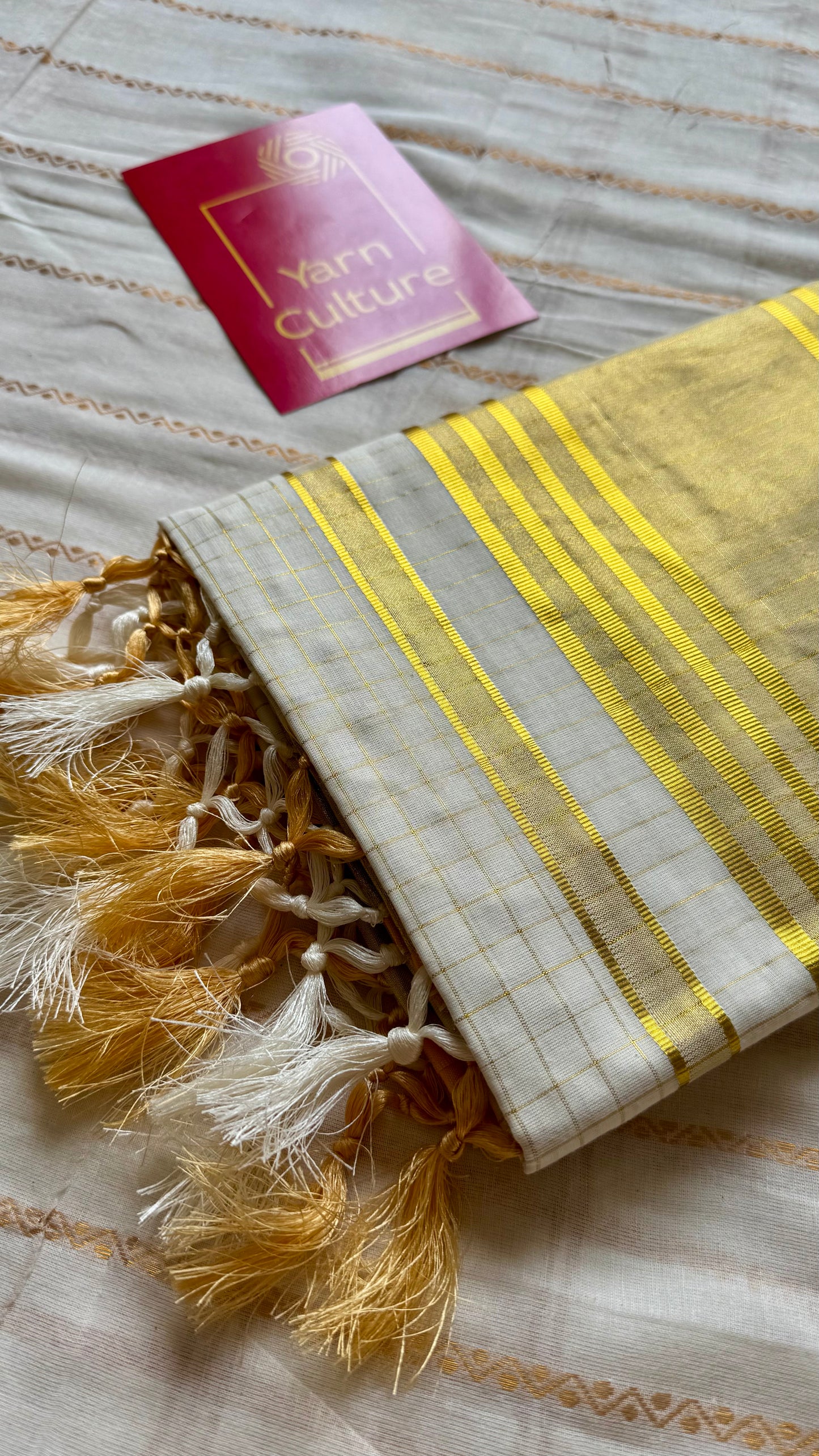 Ivory and gold soft cotton kasavu saree, small checks with temple border - YCIEON70
