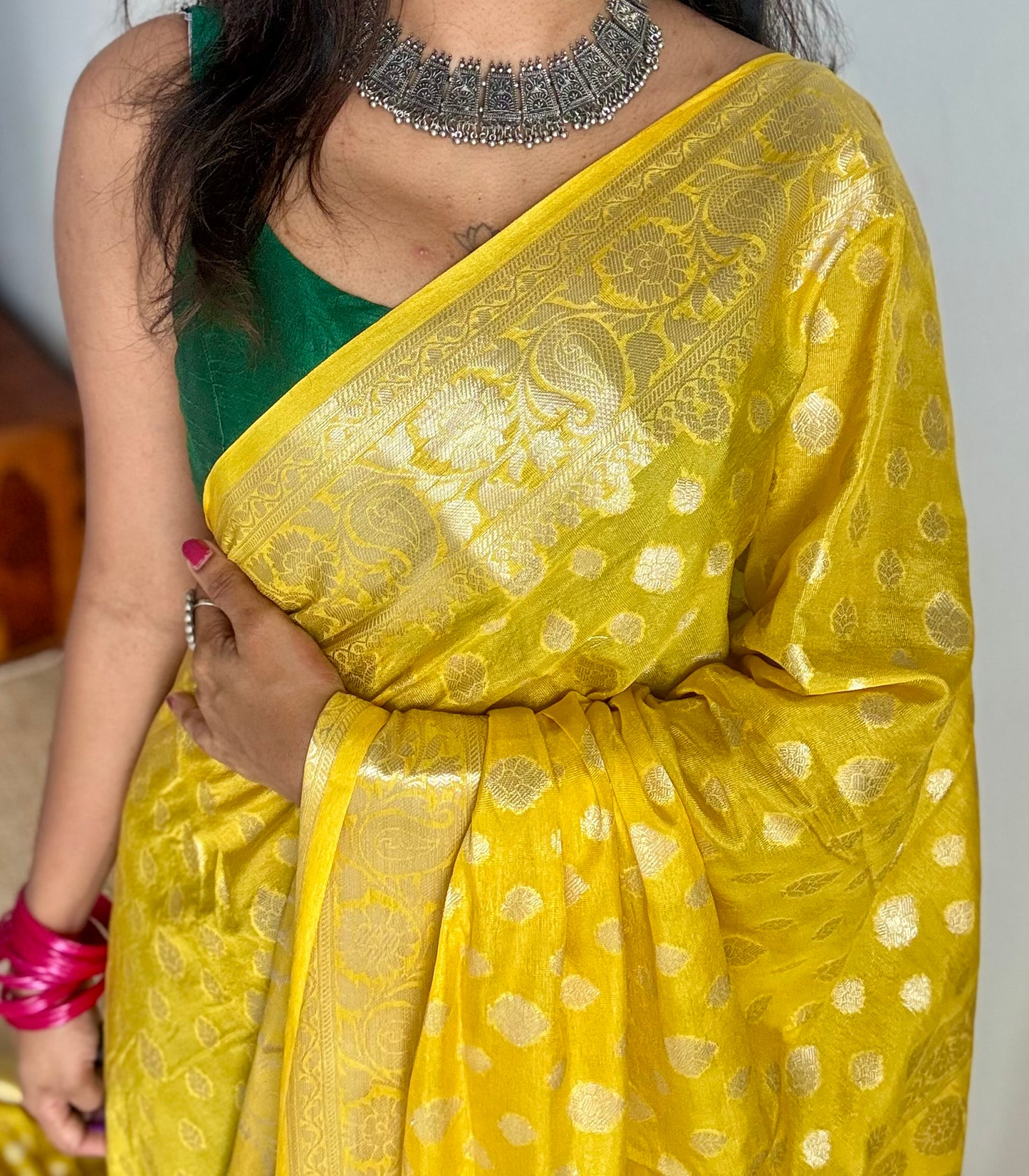 Lemon yellow, silver buttas and zari, Banarasi semi-silk - YCDESE34