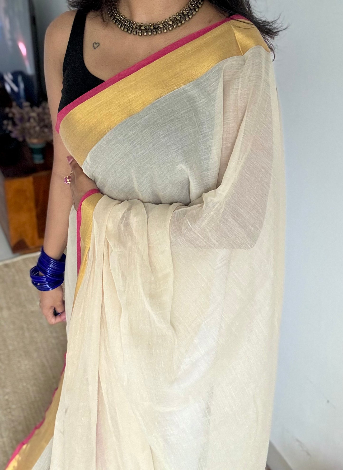 Beige tone with magenta border, mul cotton - YCONBCM230