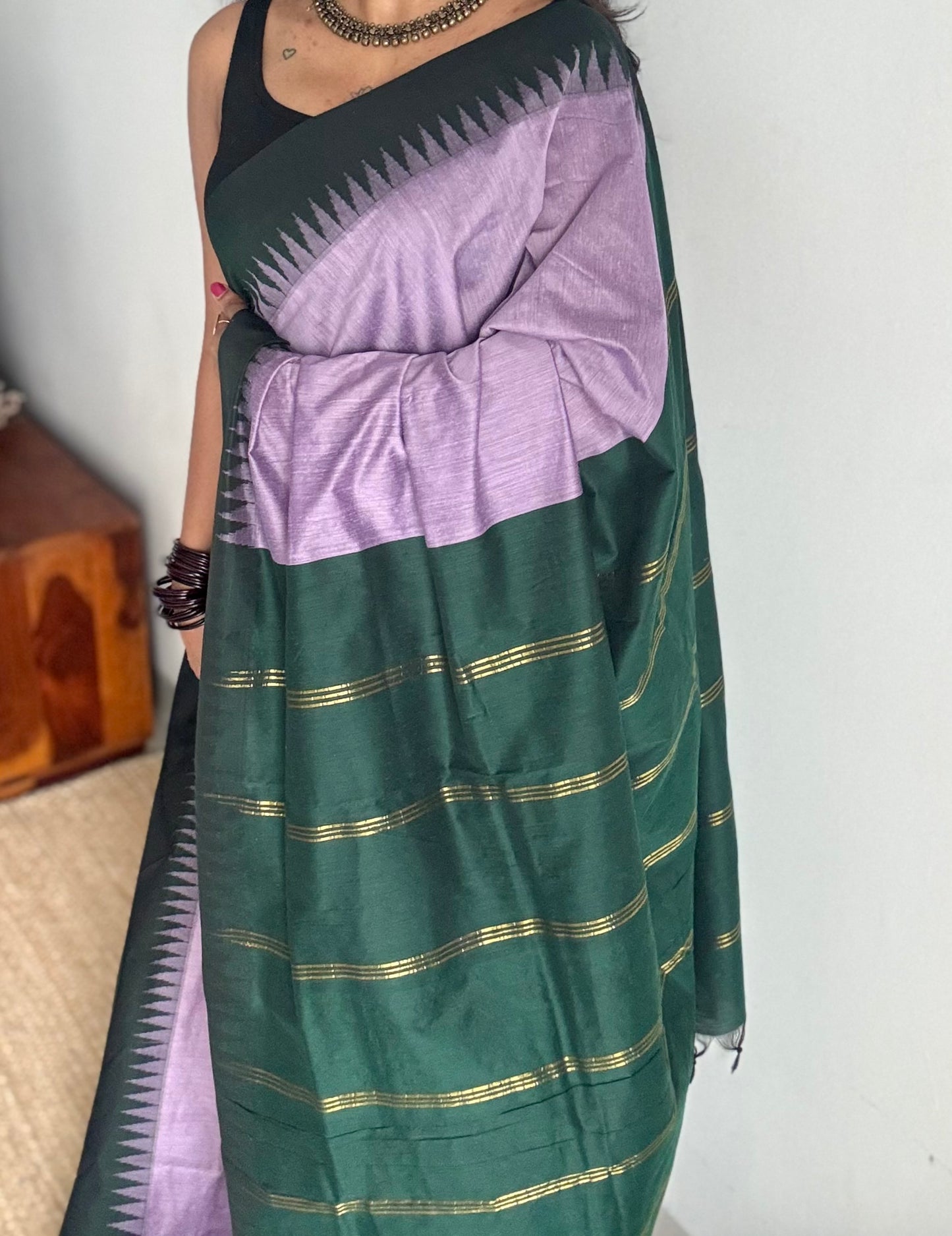 Lilac with dark green temple border - cotton silk - YCCOTNOCKCS7