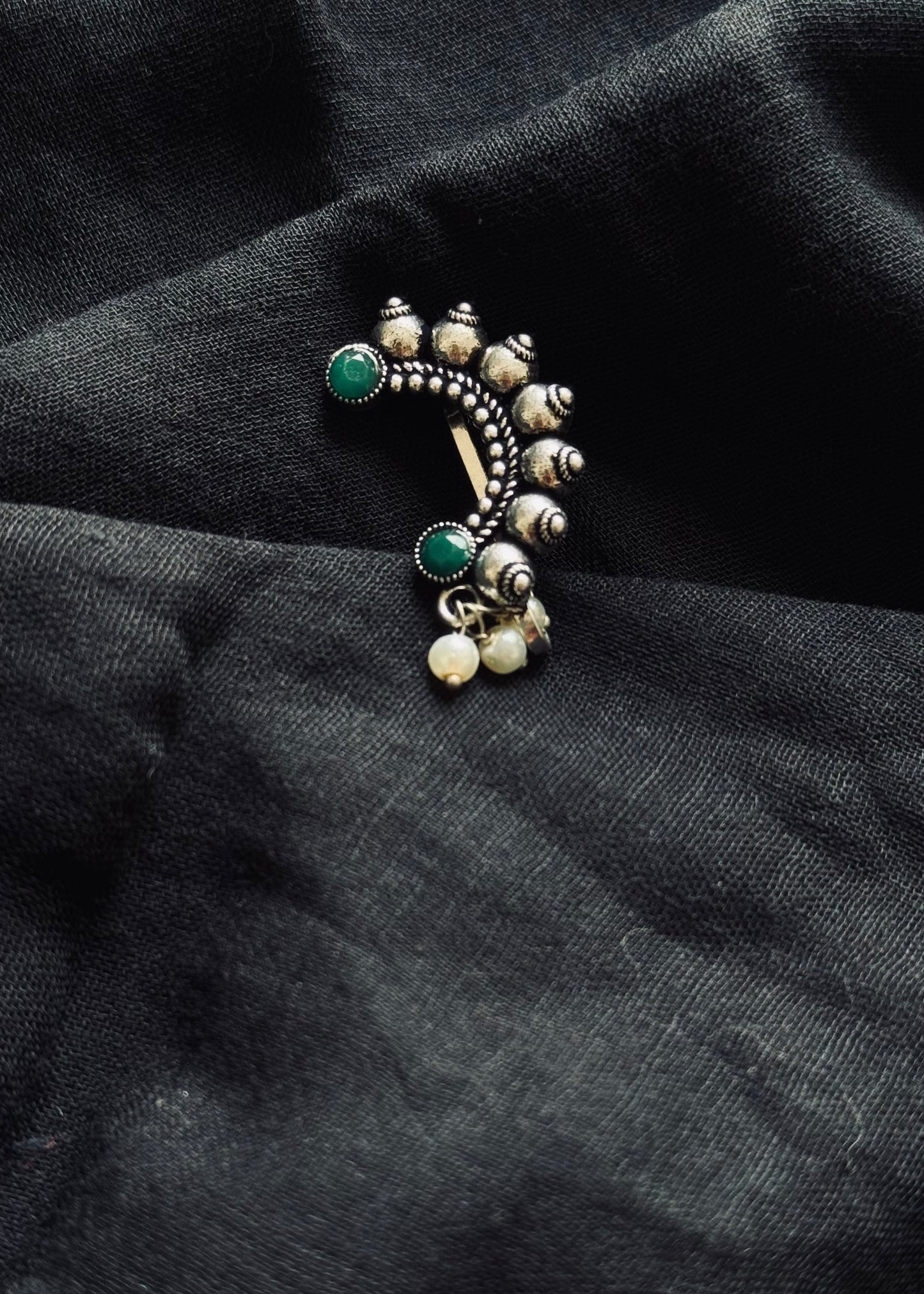 Oxidised silver, green stone, clip on Maharashtrian nath - YCOSNC198
