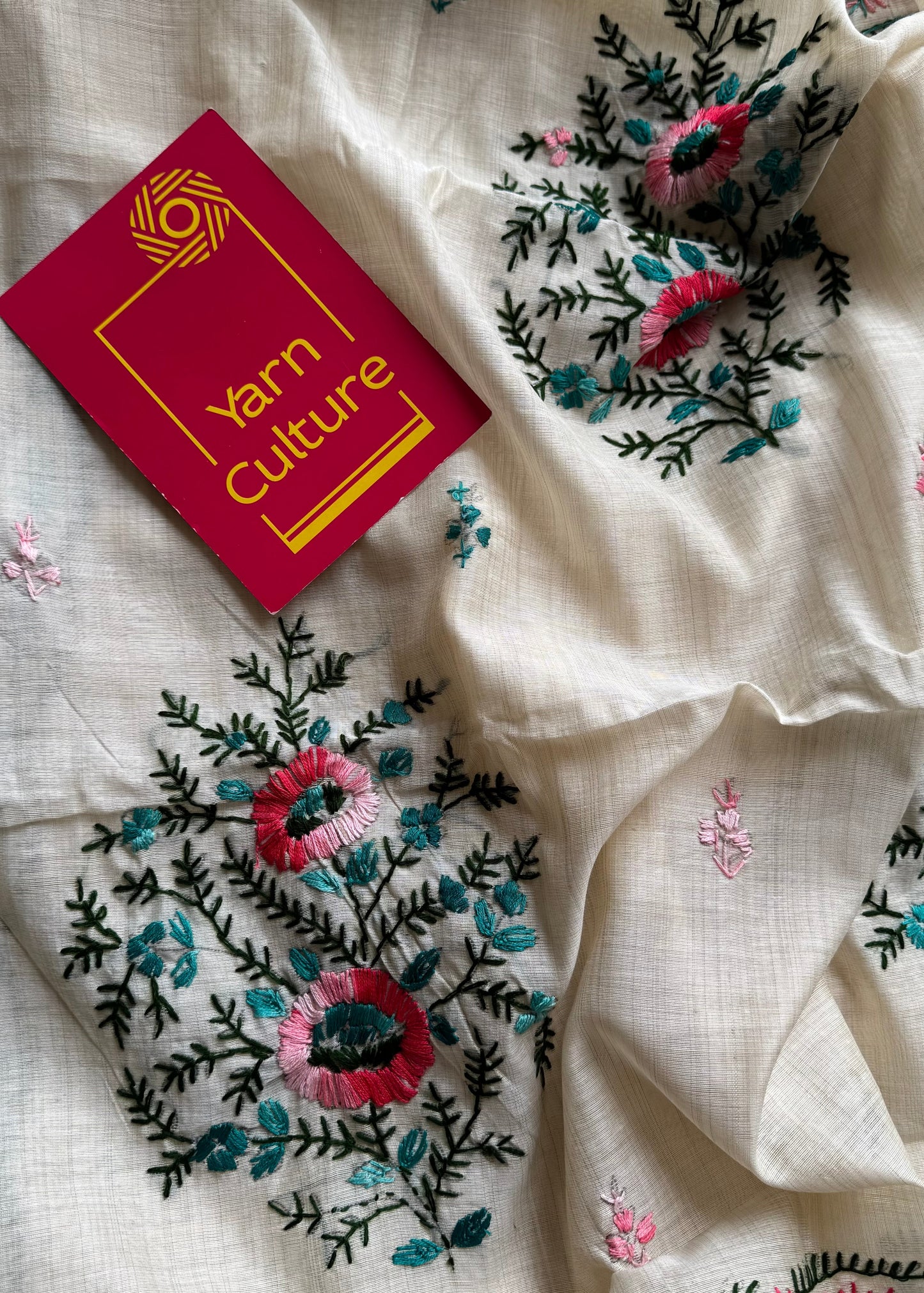 Ivory maheshwari cotton silk blend with pink and blue floral kantha threadwork - YCBLJULMK01