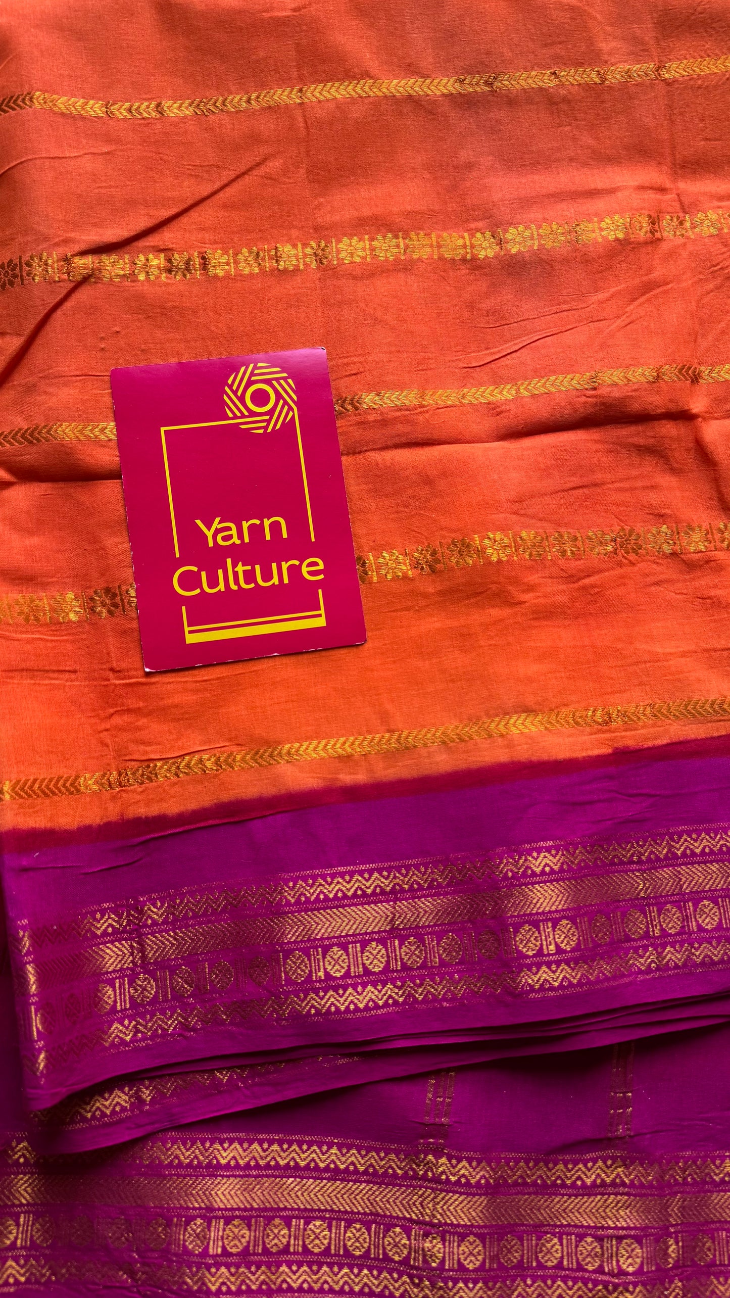 Bright orange with magenta patterned veldhaari, kattuchayam dyed, madurai cotton - YCCOTNSEMS93