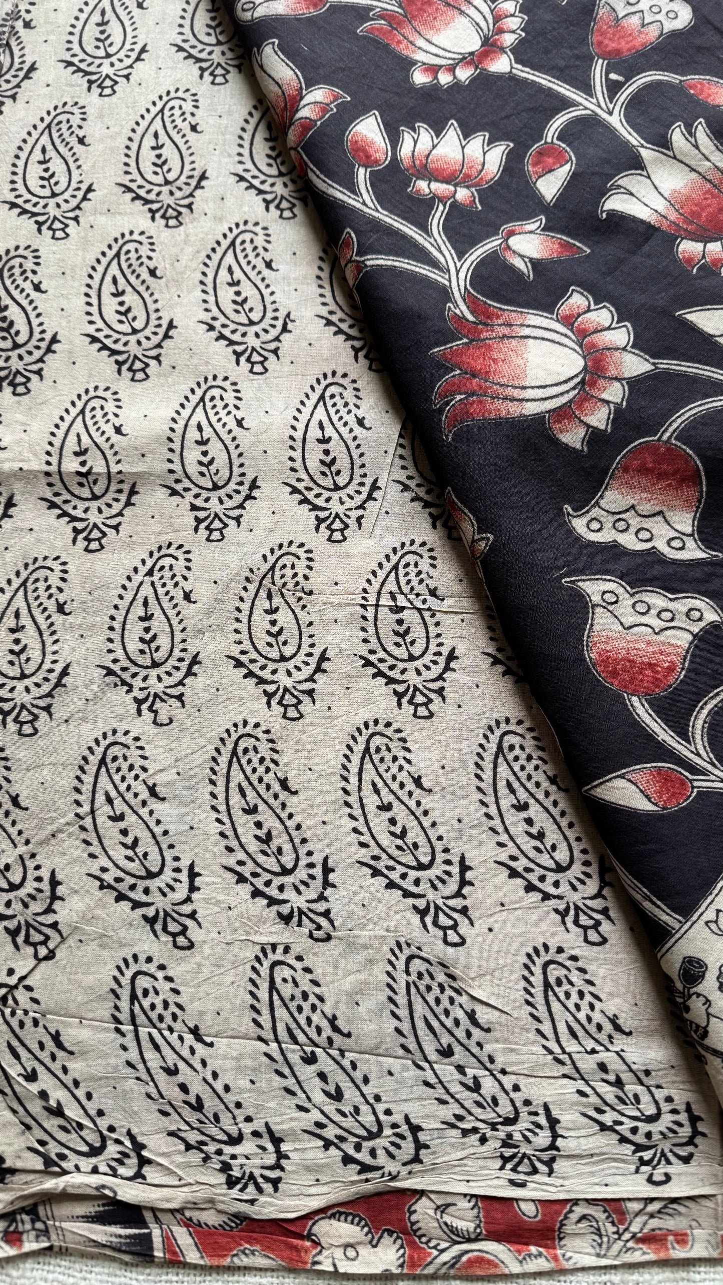 Black with brick red pichwai motif kalamkari, soft cotton - YCWOTDOCMP87