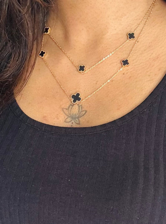 Gold plated chain, black multifloral pendants - YCGPC439