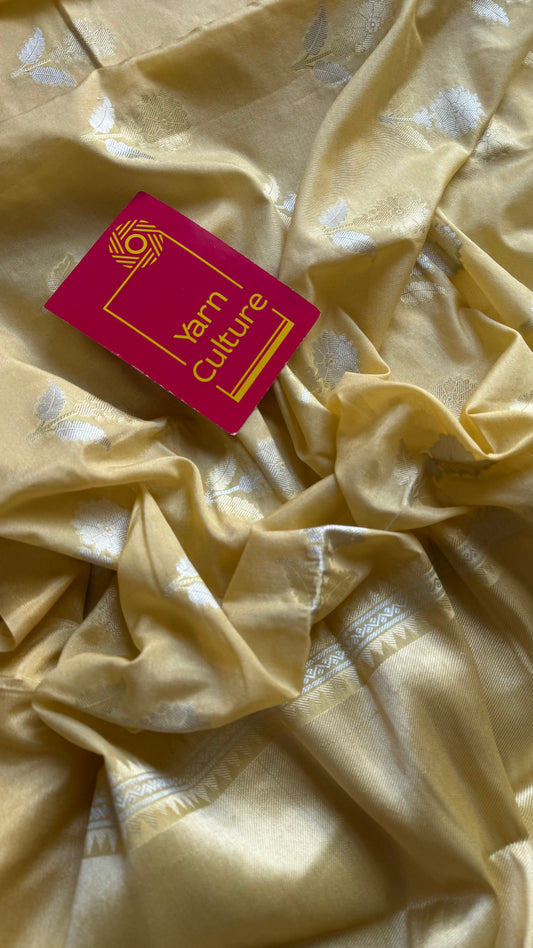Cream with gold and silver floral buttas, Banarasi semi-crepe silk - YCDESE48