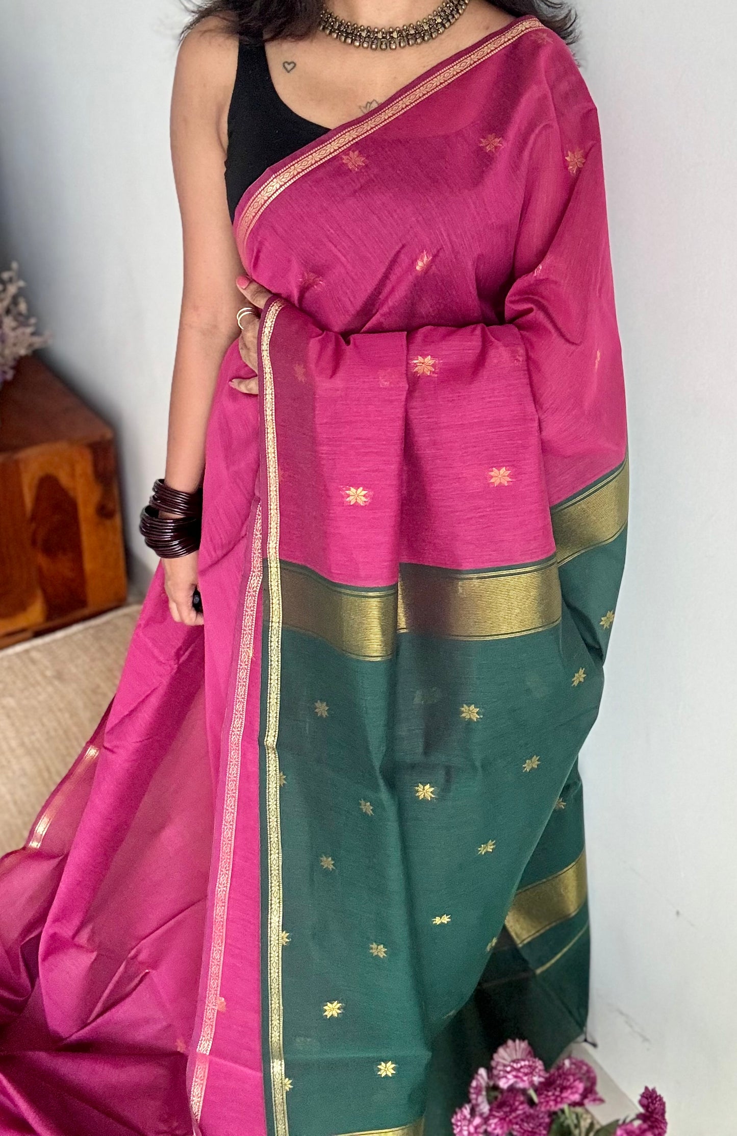 Berry pink with green, gold buttas, semi maheshwari cotton silk - YCCOTNFEJUSM04