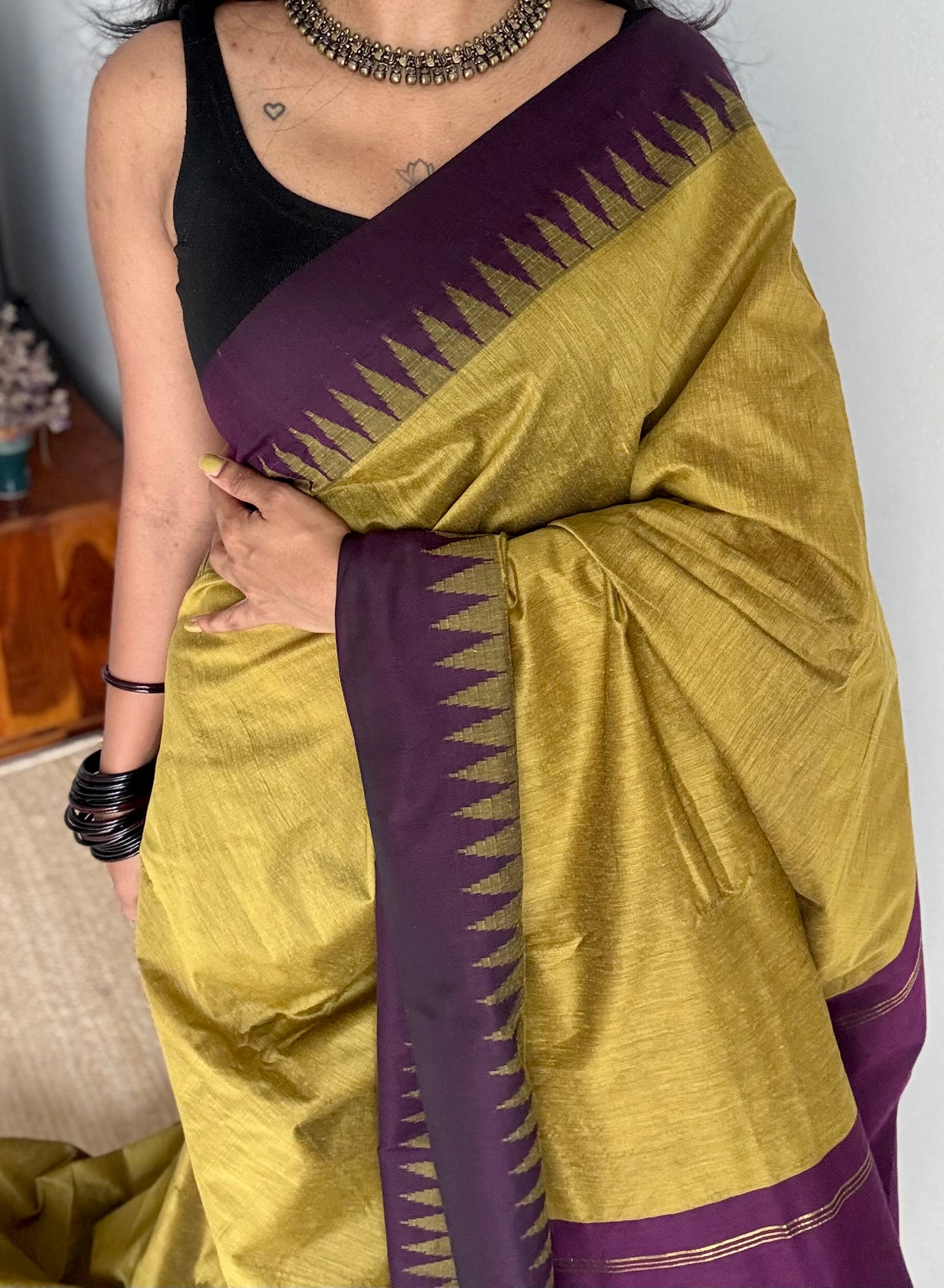 Green with purple temple border - cotton silk - YCCOTNSEKCS21