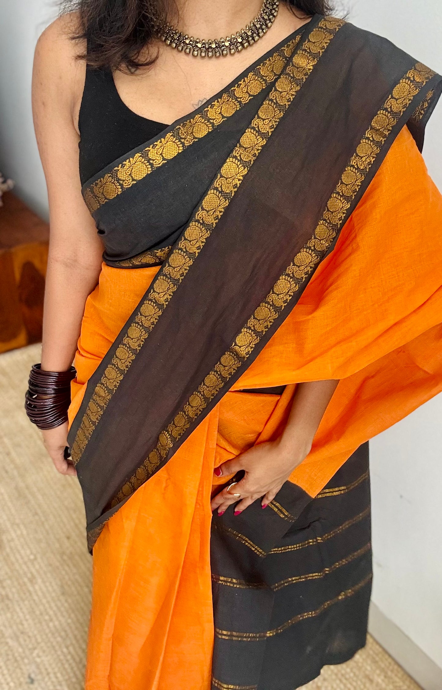 Fanta orange and black, rettaipettu peacock double border, madurai soft cotton - YCCOTNJULRS01