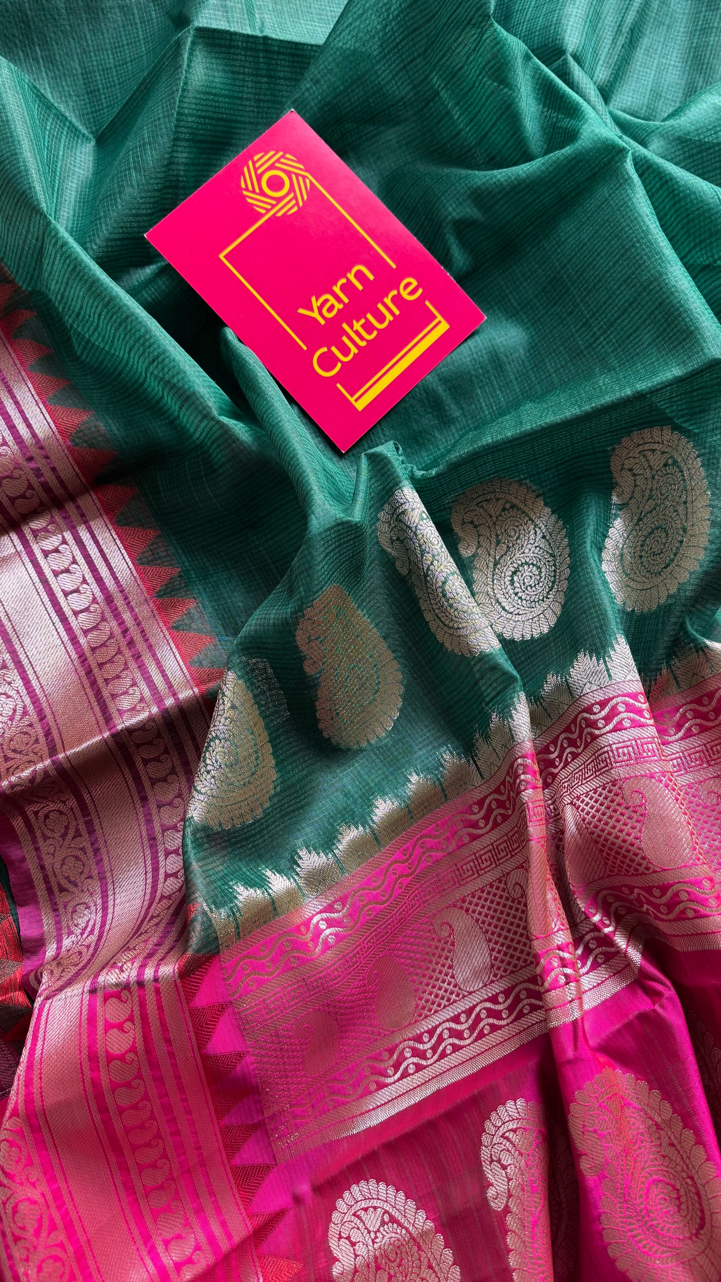 Dark green kota doria saree with red and magenta contrast zari borders - YCFWKFE89