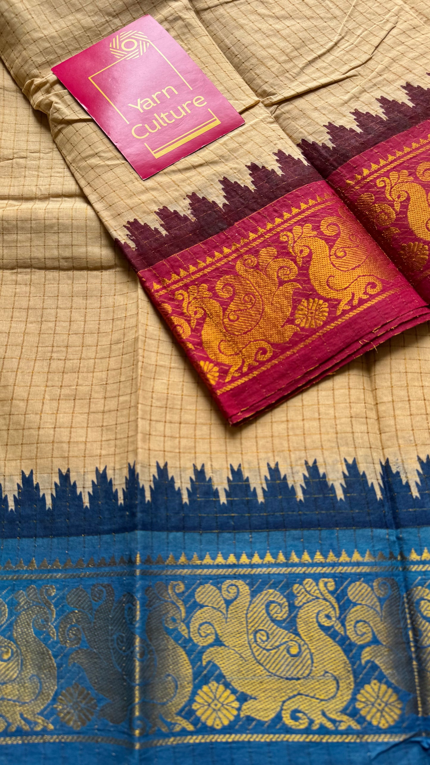 Blue - red sungudi cotton checks, sandal colour base, soft cotton - YCCOTNJSUN01