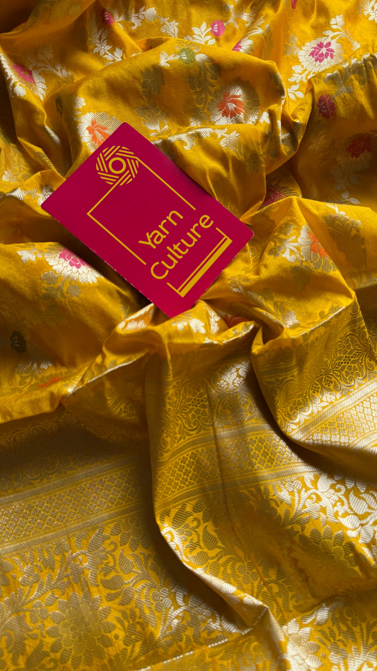 Yellow meenakari floral pattern in silver zari, Banarasi katan dupion silk - YCDESE11