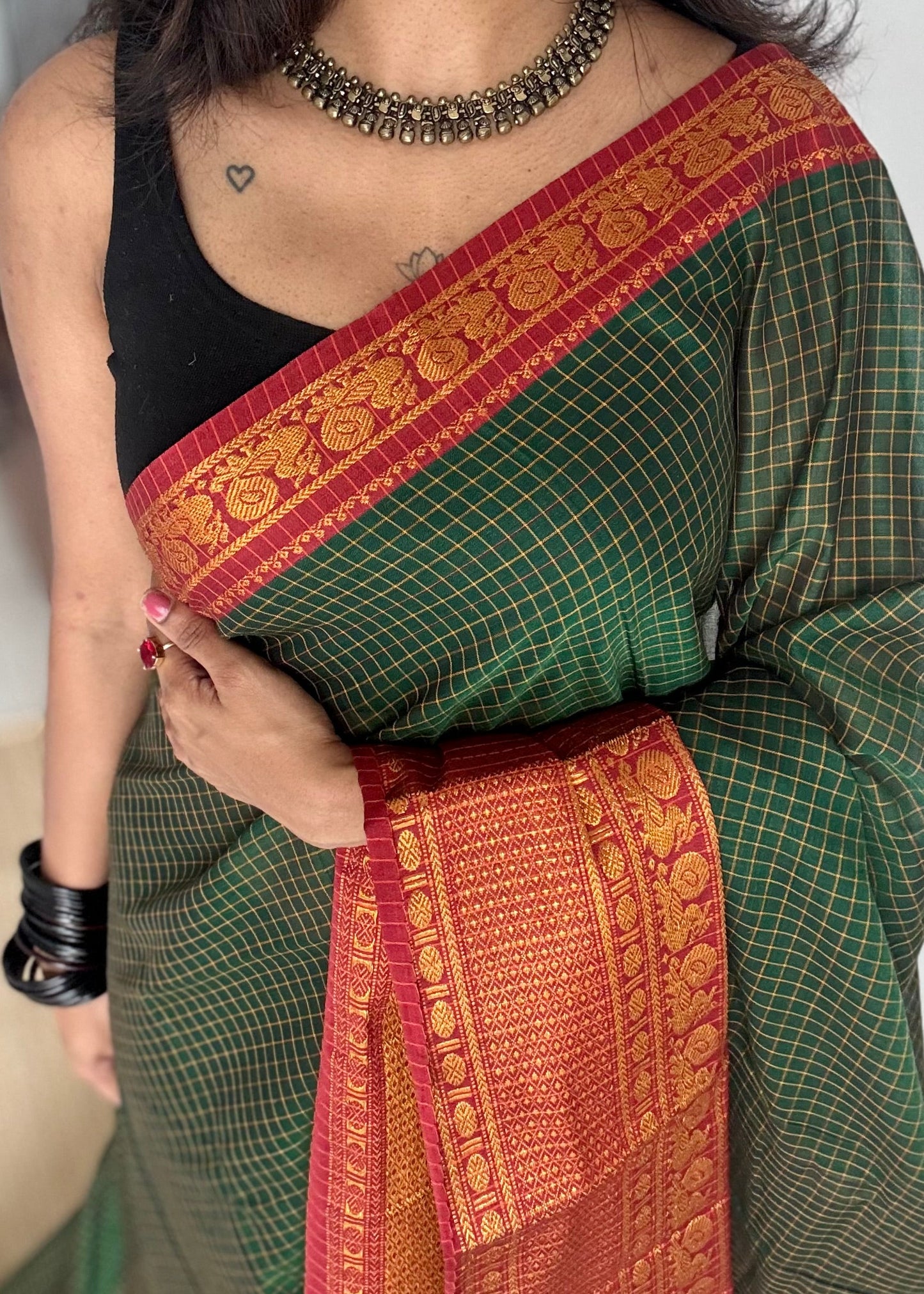 Dark green checks with zari border, premium narayanpet, soft cotton - YCWOTDFEBB12