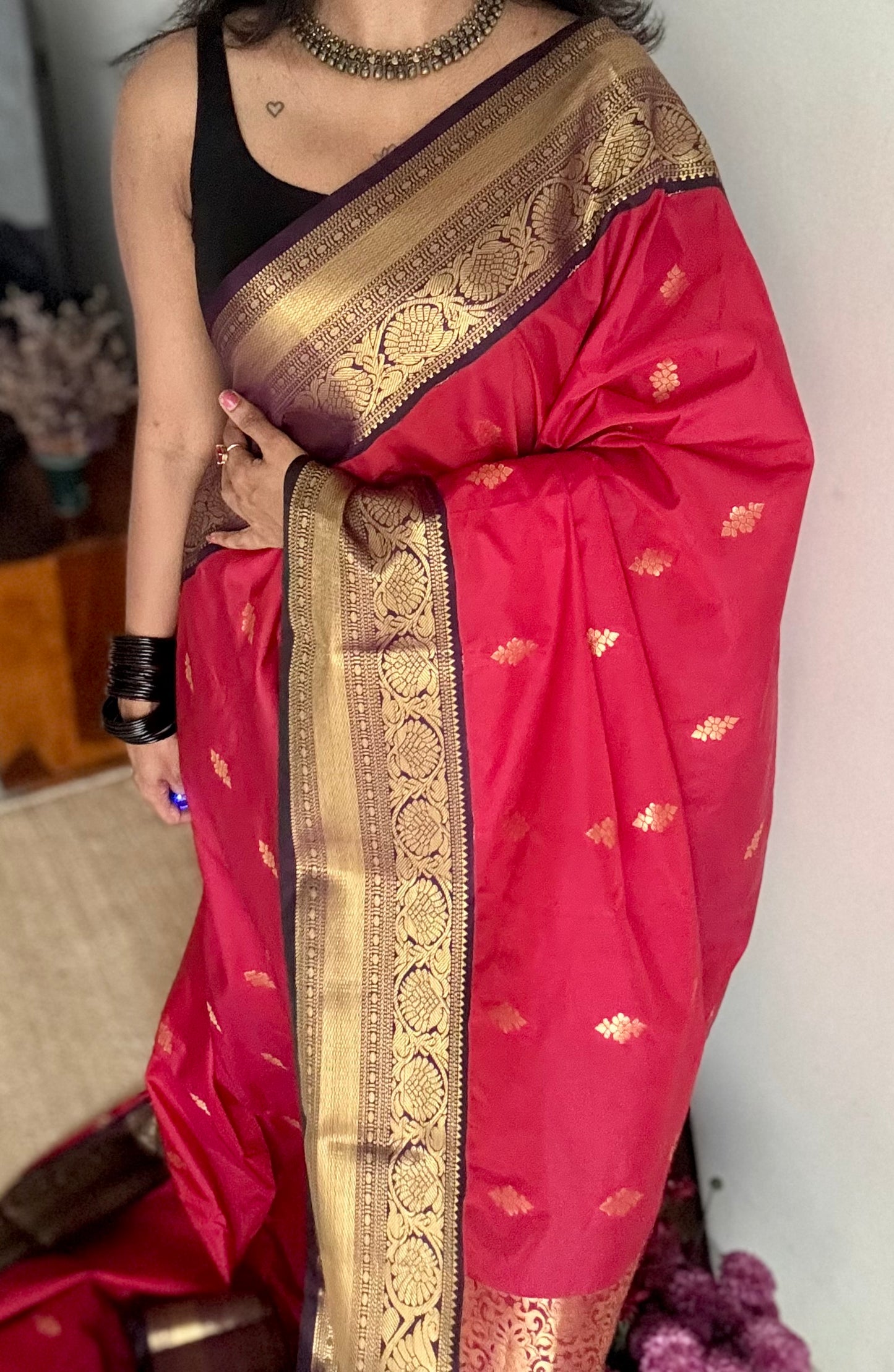 Vamika - rani pink with deep grape purple, handloom korvai semi silk - YCCOTNFEJUKS05