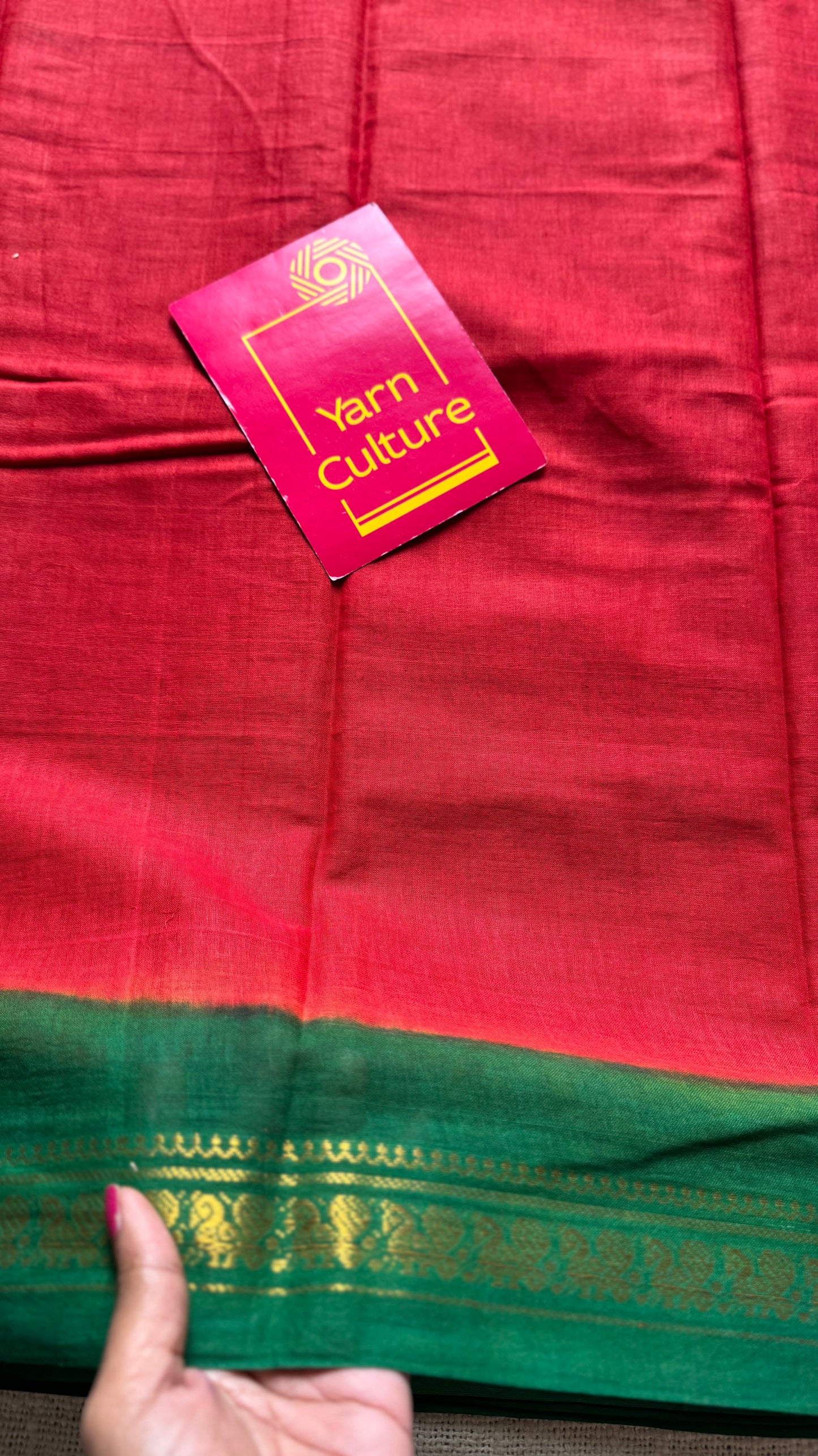 Red with green border sungudi, kattuchayam dyed, madurai cotton - YCCOTNSEMS101