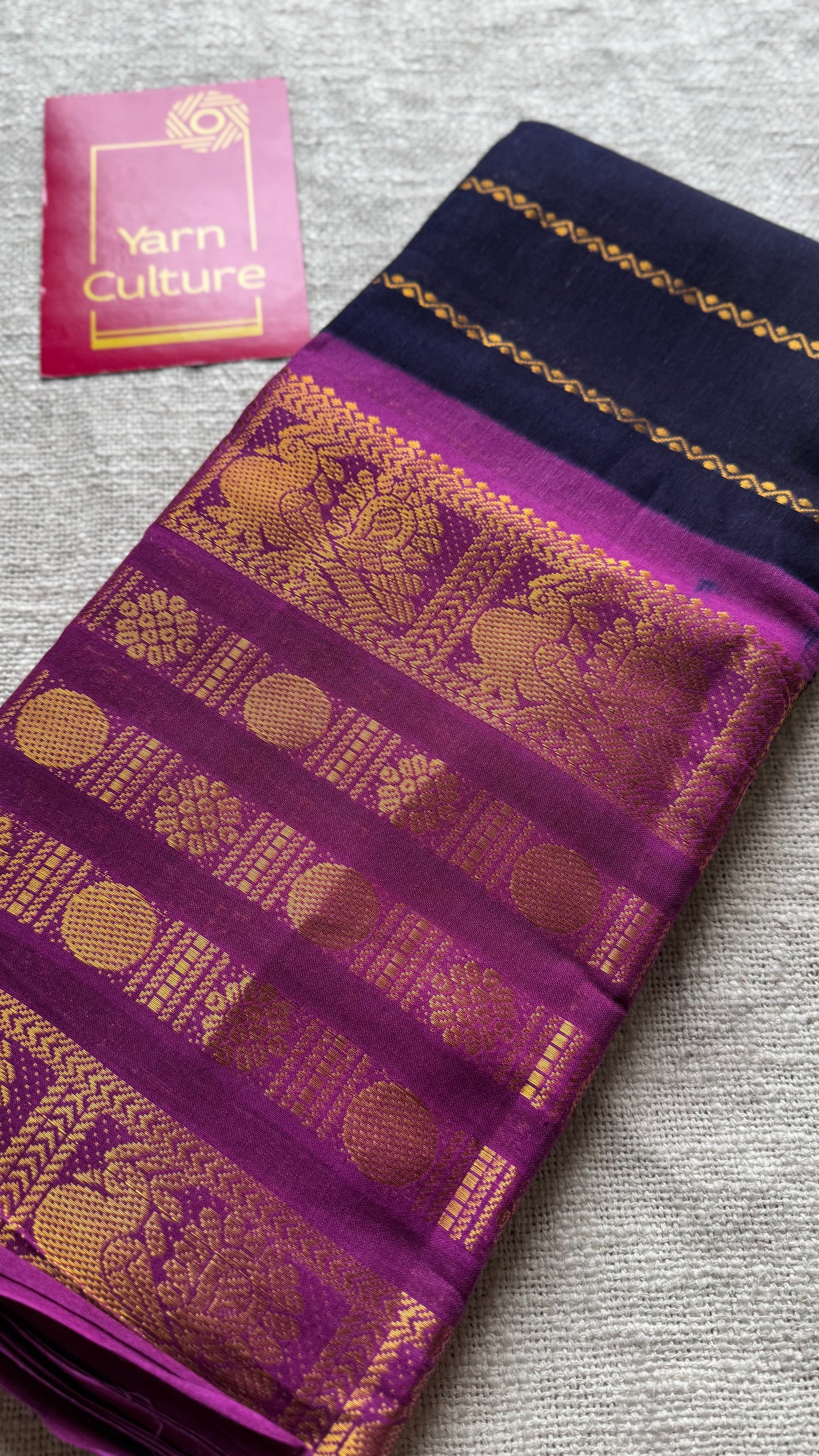 Dark blue with purple pink (vadamalli), peacock rudraksham motif, single side broad zari - madurai kattuchayam dyed - YCCOTNAURS18