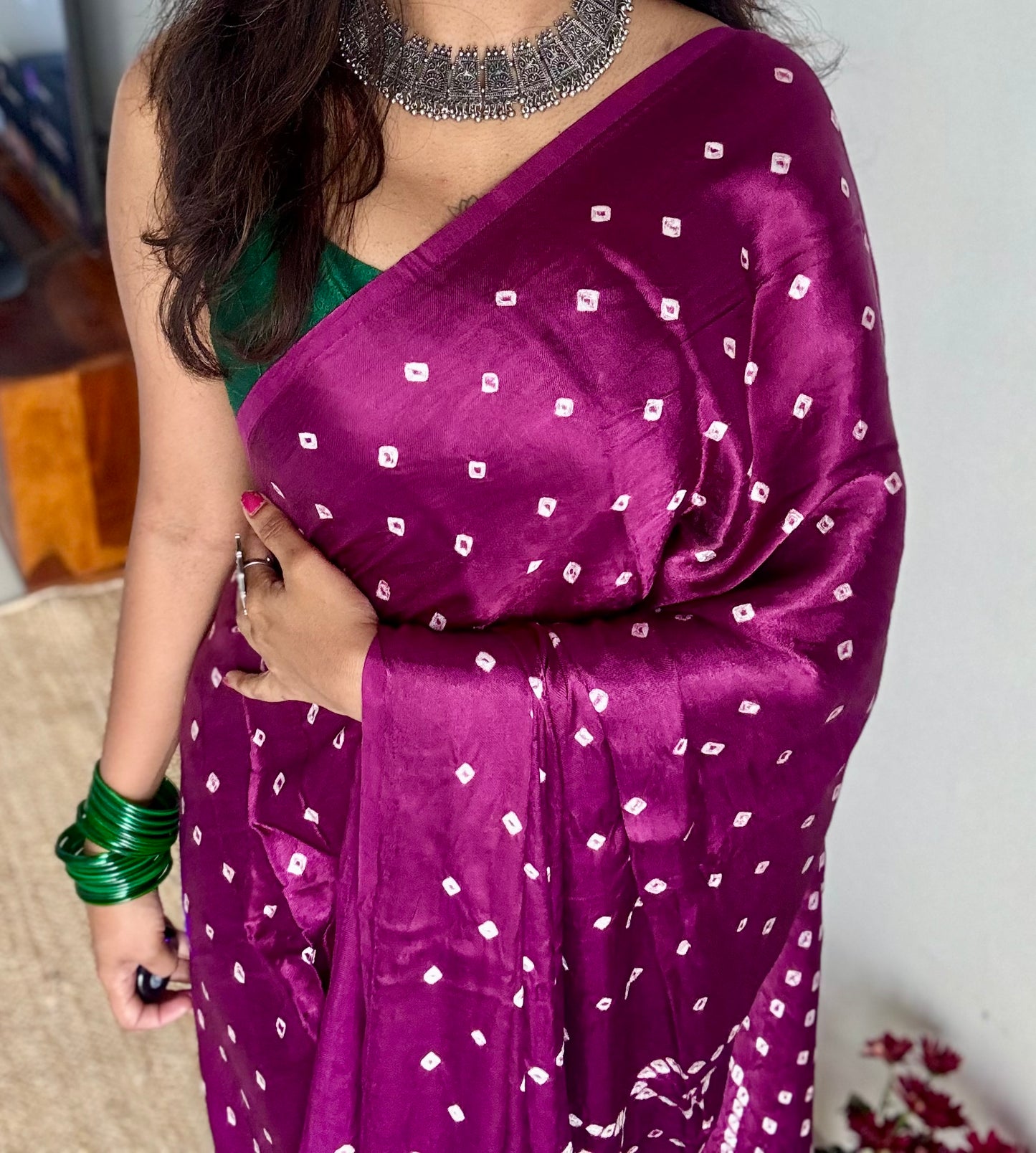 Wine crushed bandhani modal silk with lagdi patta (zari pallu) - YCDESE29