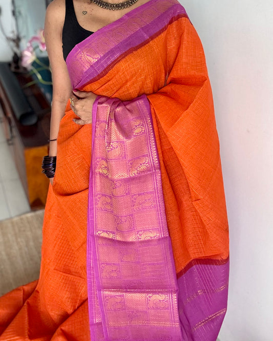 Orange checks with purple pink mayuri checkered zari border, madurai cotton - YCCOTNOCSC02