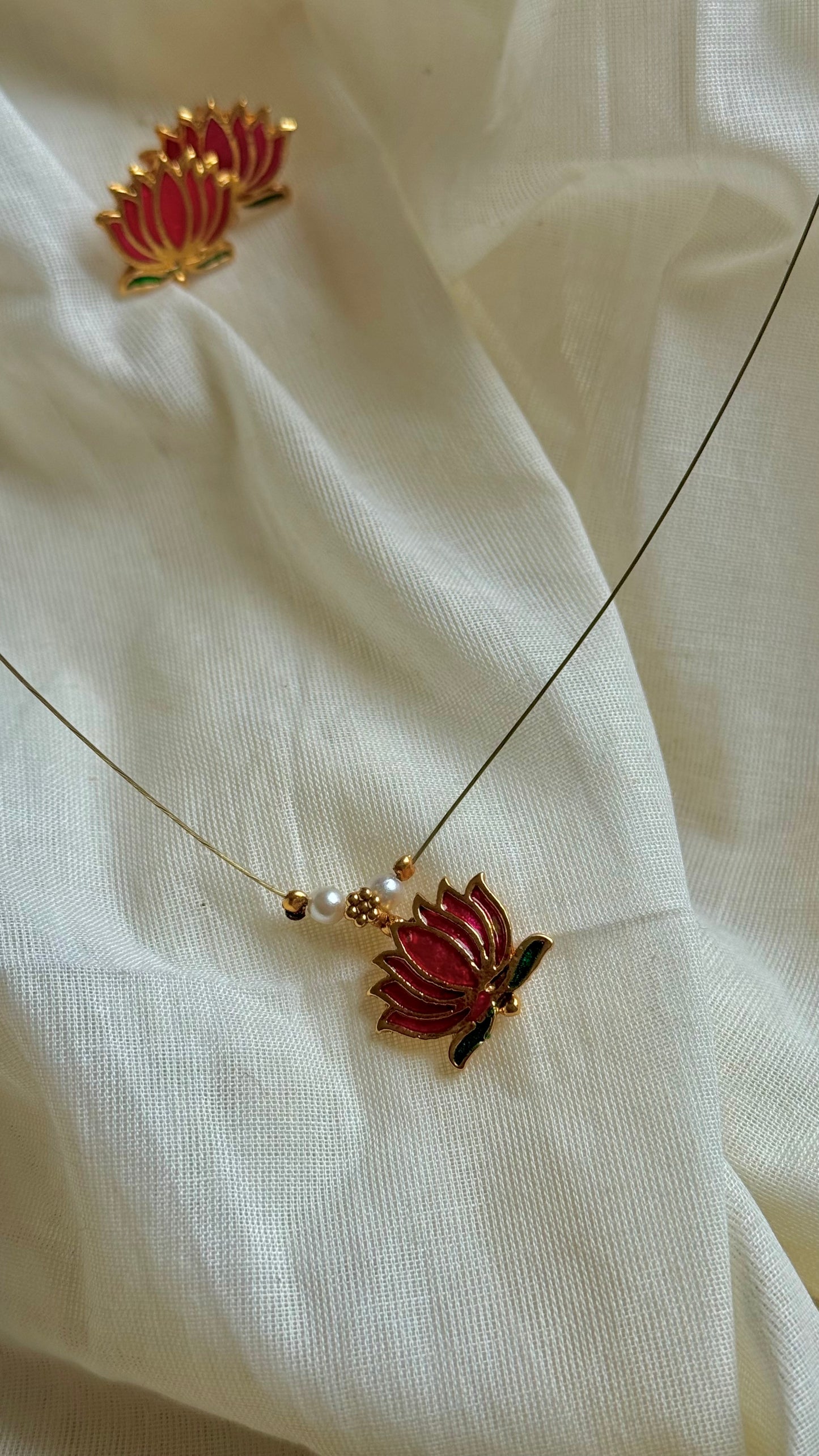 Single pink lotus pendant, long invisible chain with earrings - YCAGC156