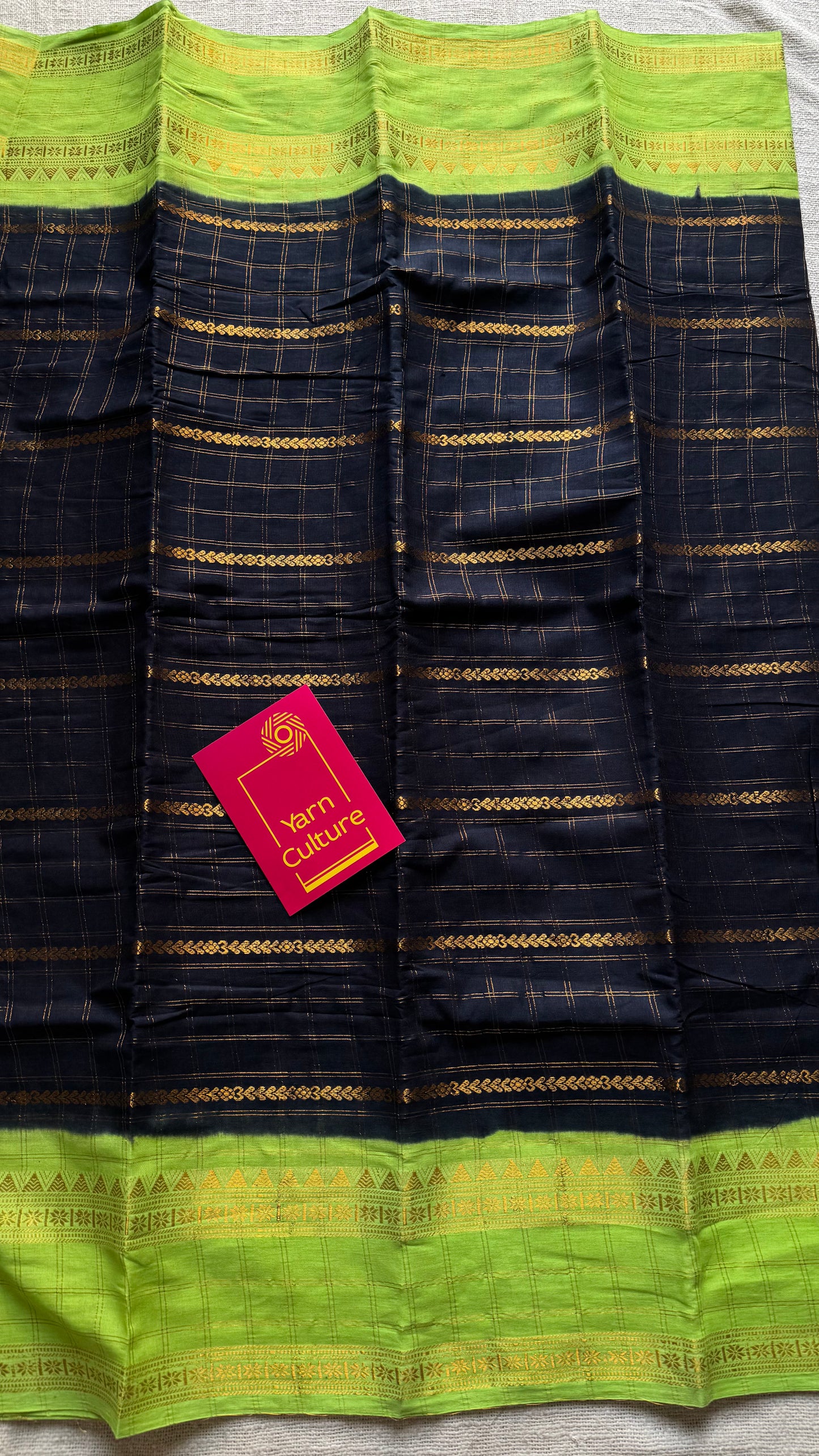 Black with lime green, Adayar checks with velthaari pattern, madurai cotton - YCCOTNOCSC03