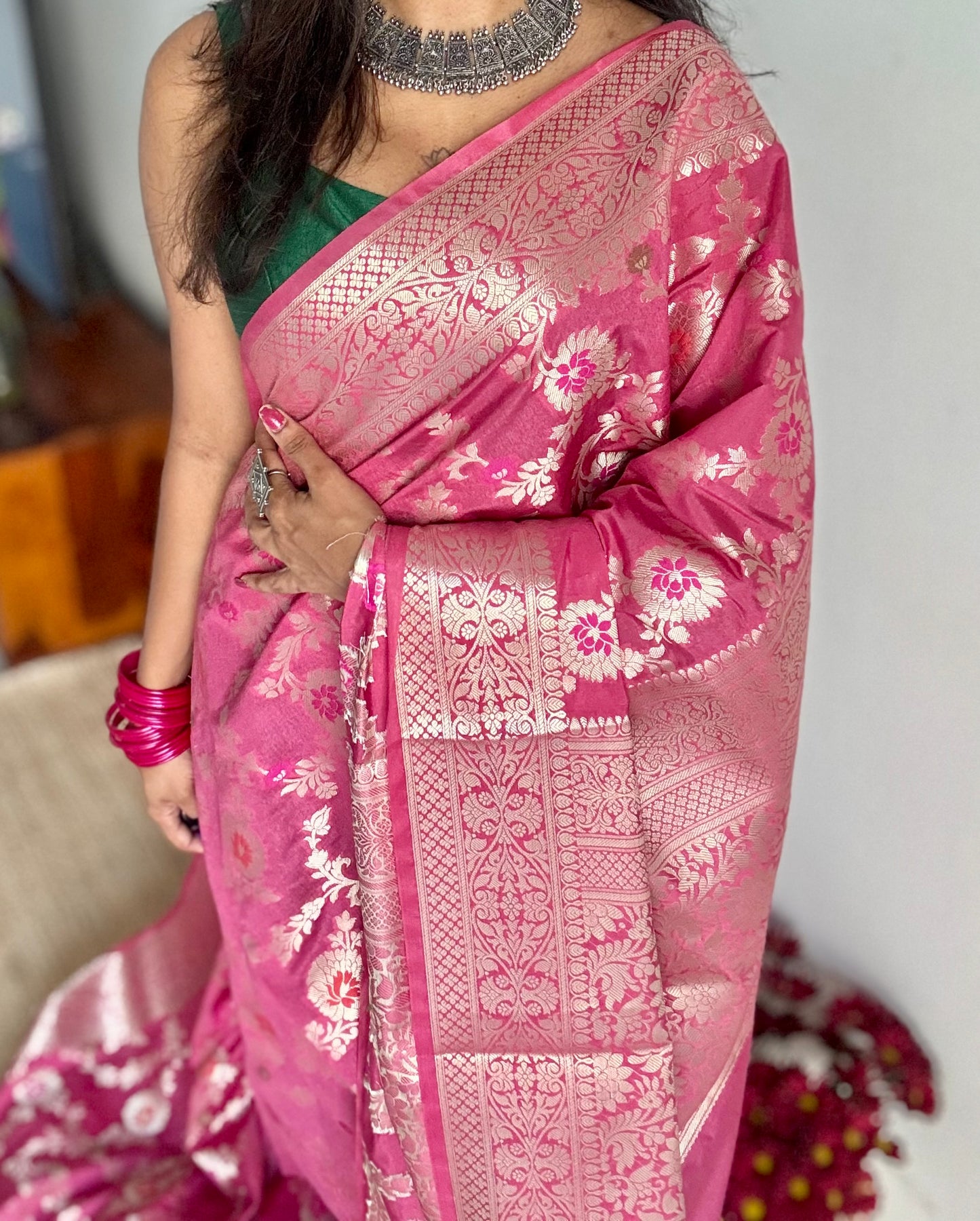 Dusty pink meenakari floral pattern in silver zari, Banarasi katan dupion silk - YCDESE09