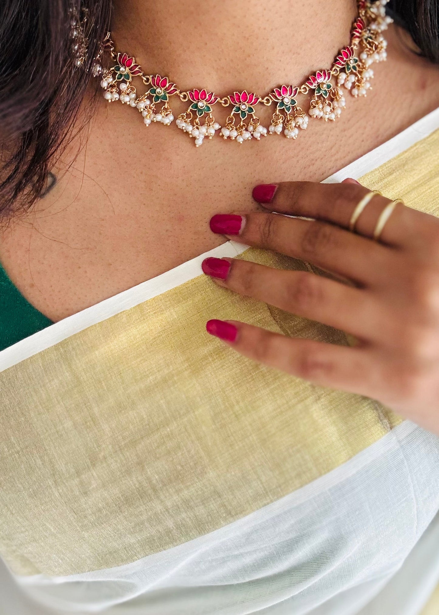 Pink and green lotus with pearl drops and earrings - YCAGC113