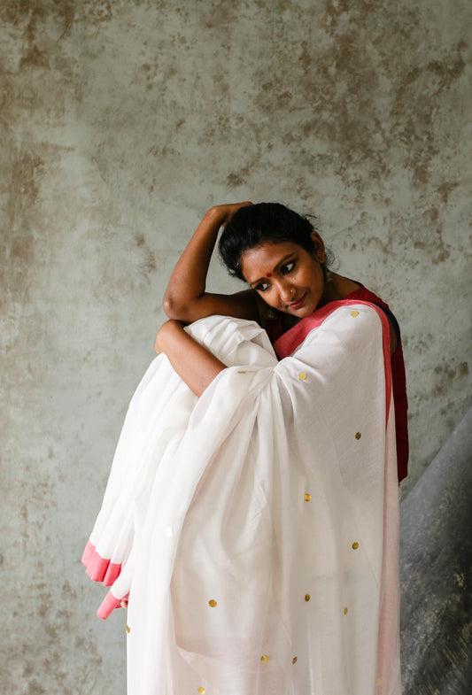 White with red border, gini sequins, soft cotton - YCBCDP06