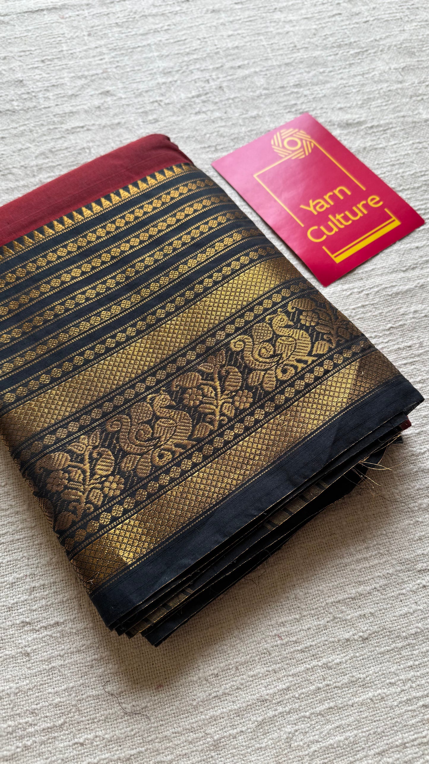 Kanchi cotton saree, dark red with black wide zari border - YCCOTNAP91