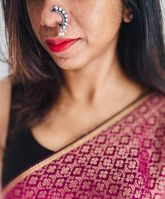 Oxidised silver, black stone, clip on Maharashtrian nath - YCOSNC196