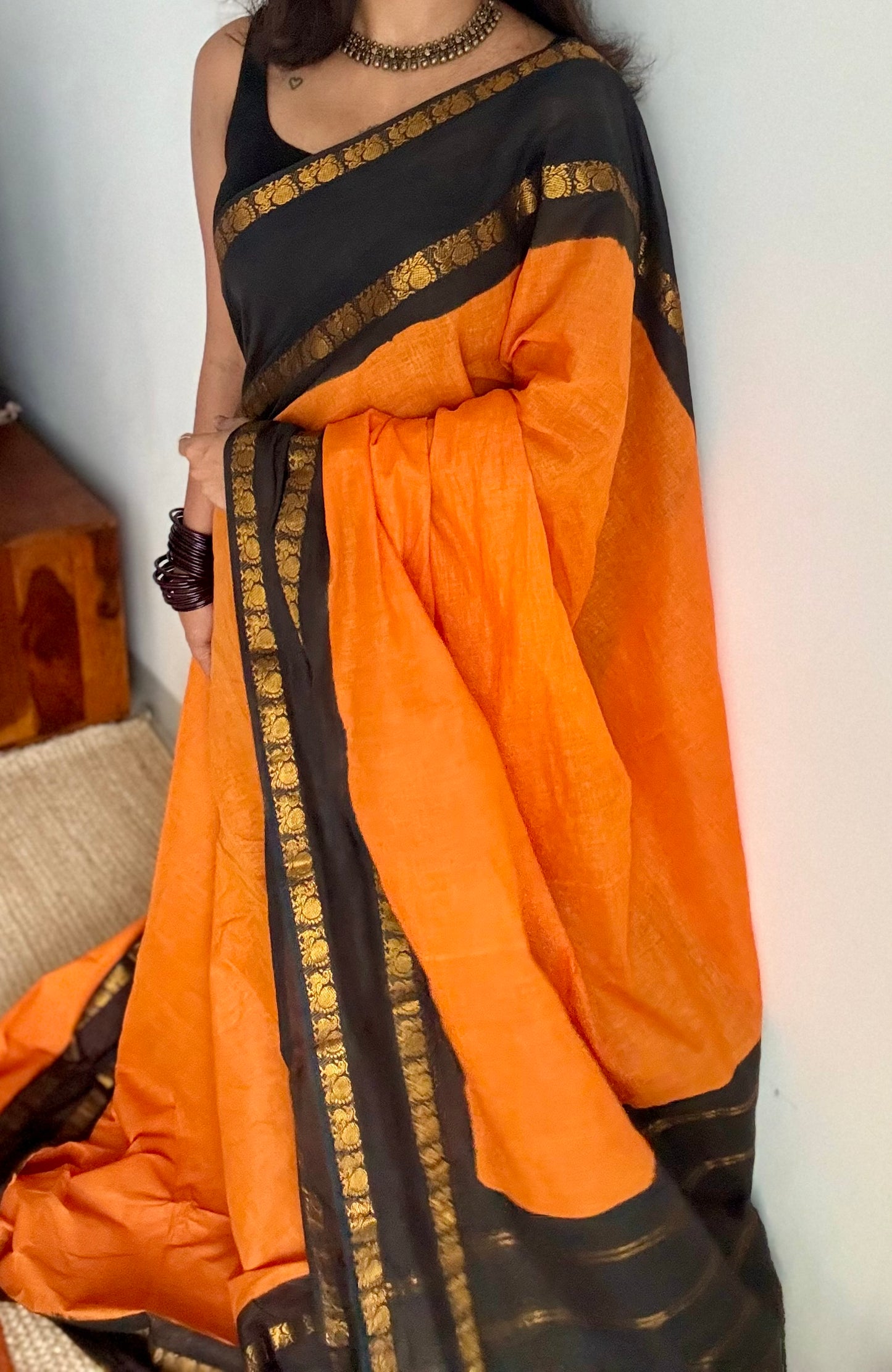 Fanta orange and black, rettaipettu peacock double border, madurai soft cotton - YCCOTNJULRS01
