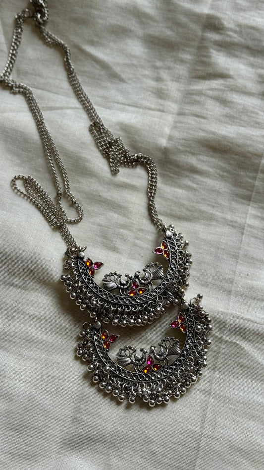 Long neckpiece with peacock pendant, oxidised silver - YCOSNP441