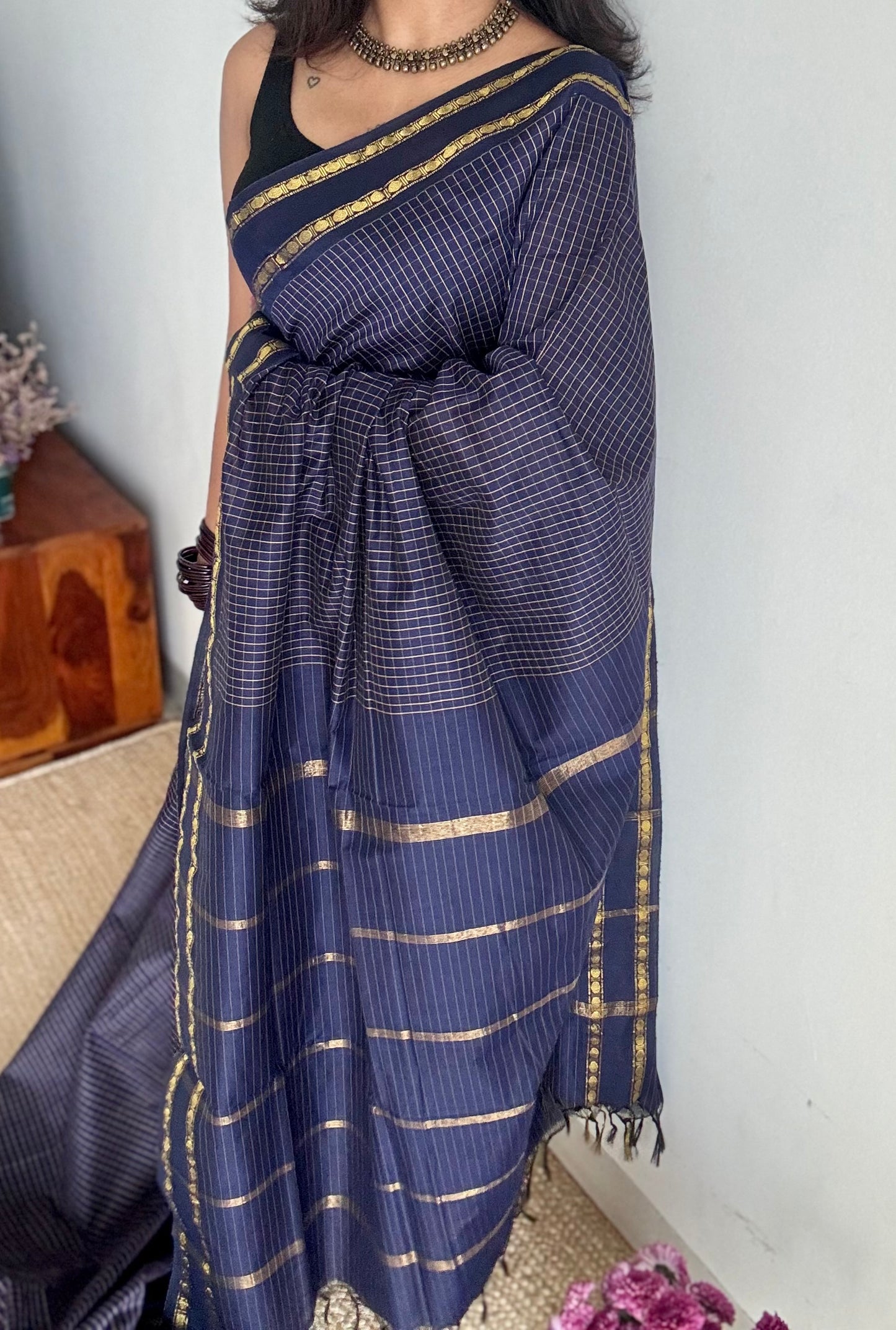 Dark blue, arani checks, cotton silk - YCCOTNJUAR06