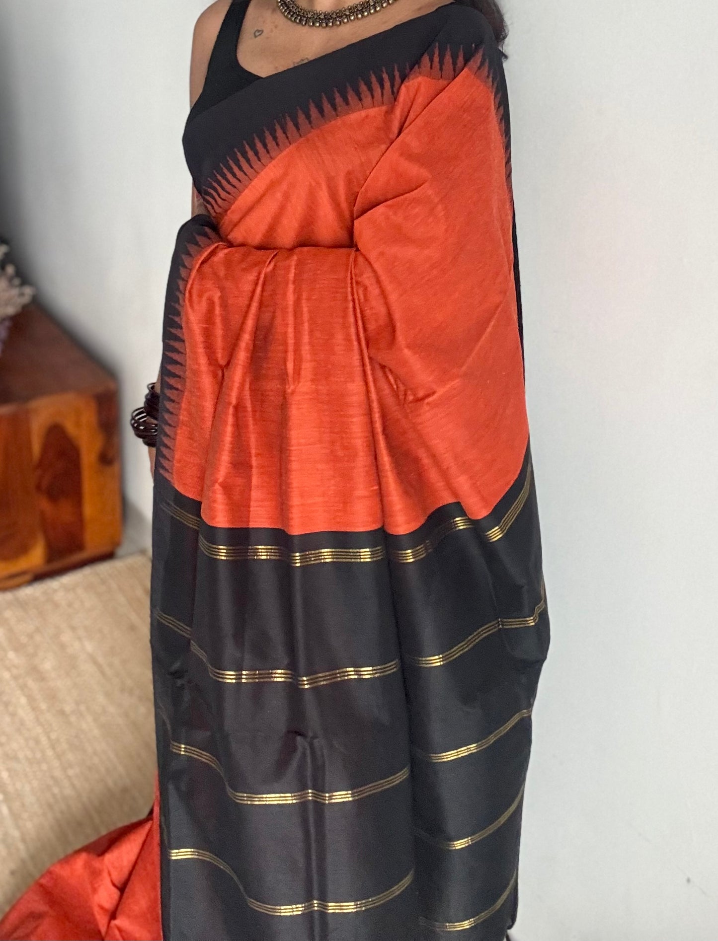 Dark orange with black temple border - cotton silk - YCCOTNOCKCS8