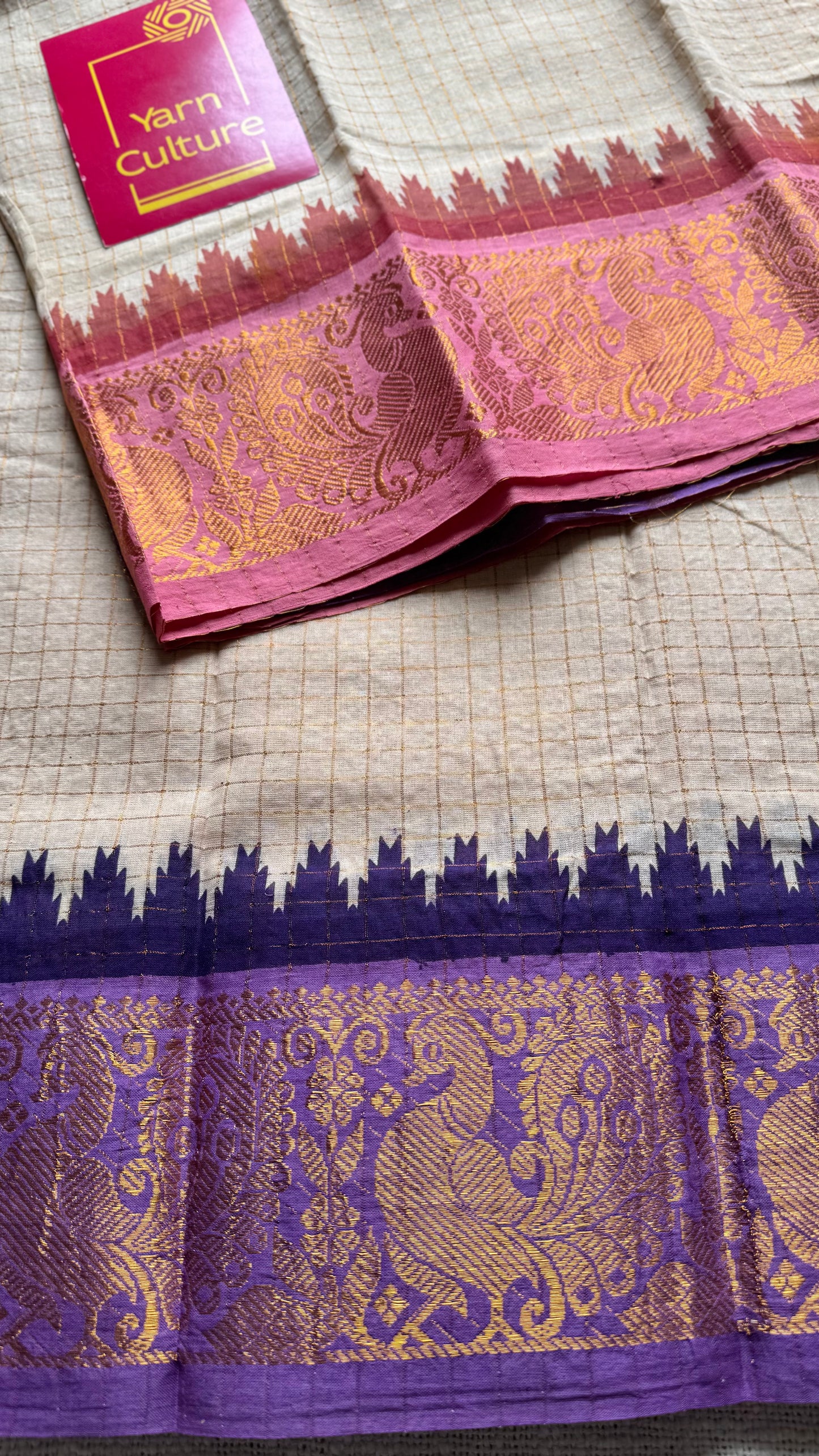 Pink - violet sungudi cotton checks, sandal colour base, soft cotton - YCCOTNJSUN03