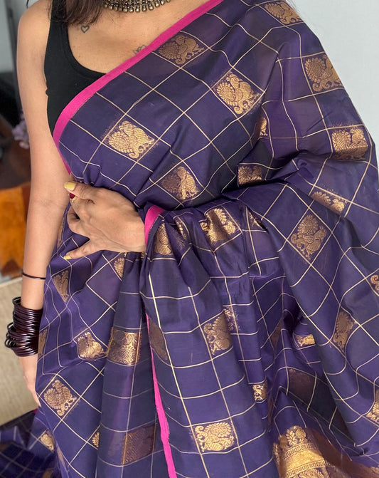 Dark navy blue dual tone checks with peacock motifs, kanchi cotton saree - YCCOTNKCFE338