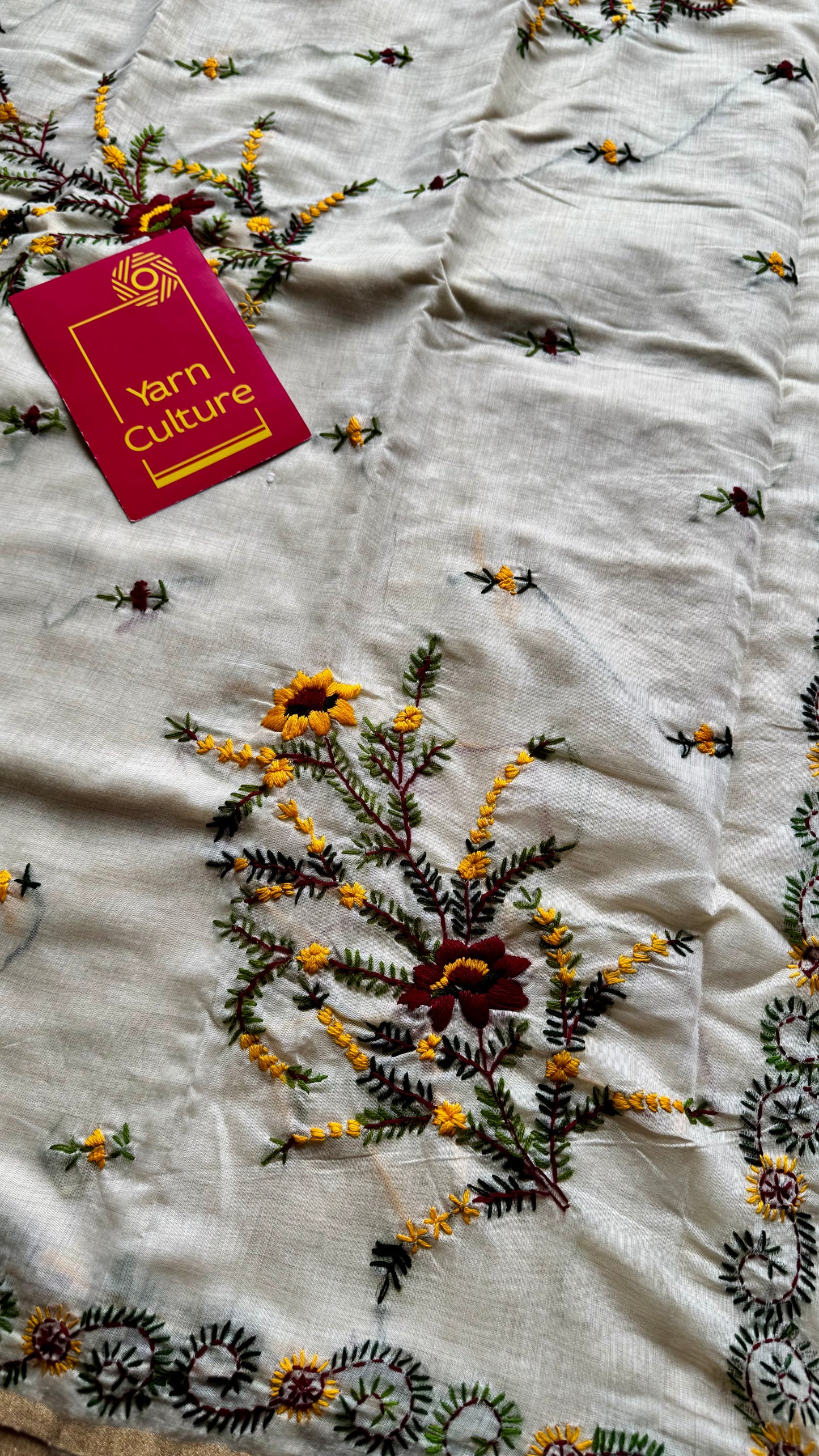 Ivory maheshwari cotton silk blend with maroon and yellow floral kantha threadwork - YCBLAUMK13