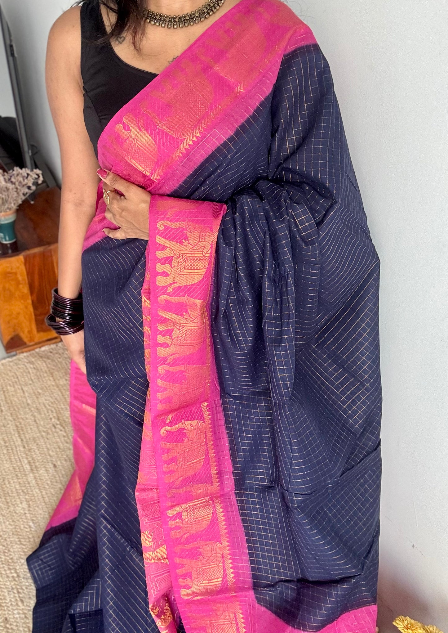Dark blue with pink checkered sungudi, madurai cotton - YCCOTNOCSC20