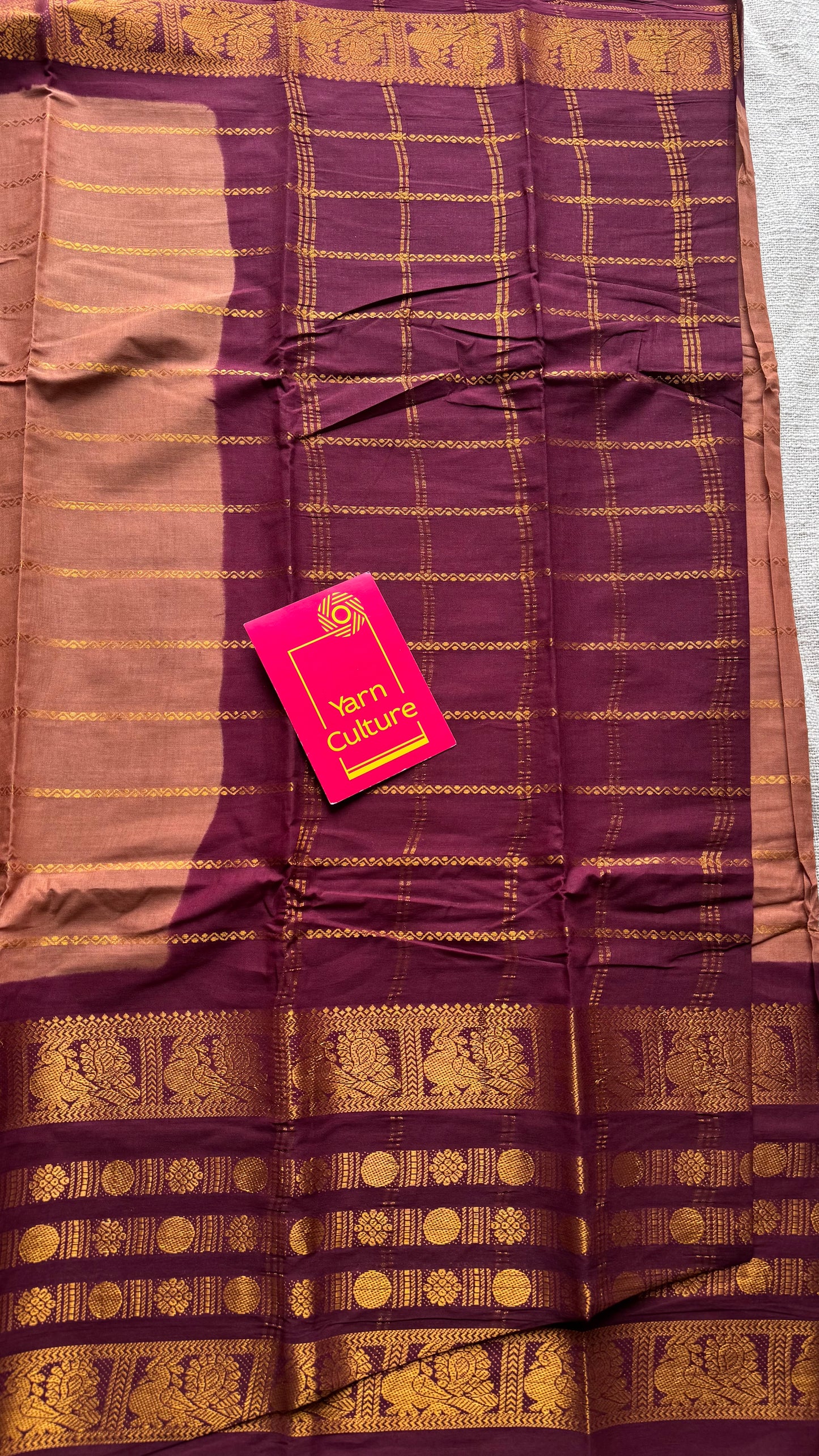 Light brown with maroon, peacock rudraksham motif, single side broad zari - madurai kattuchayam dyed - YCCOTNAUS33